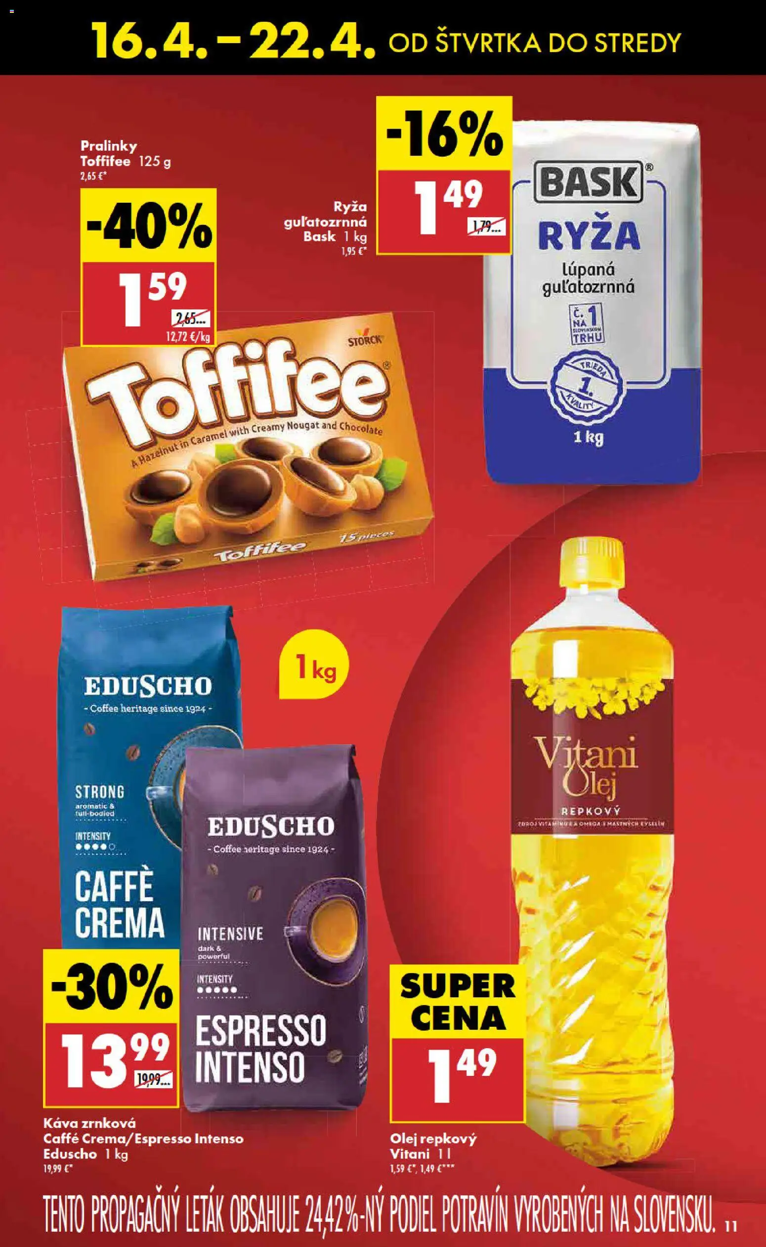 Nové Biedronka akcie – leták je platný od 16.04.2026 | Strana: 11 | Produkty: Olej, Káva, Ryža, Toffifee