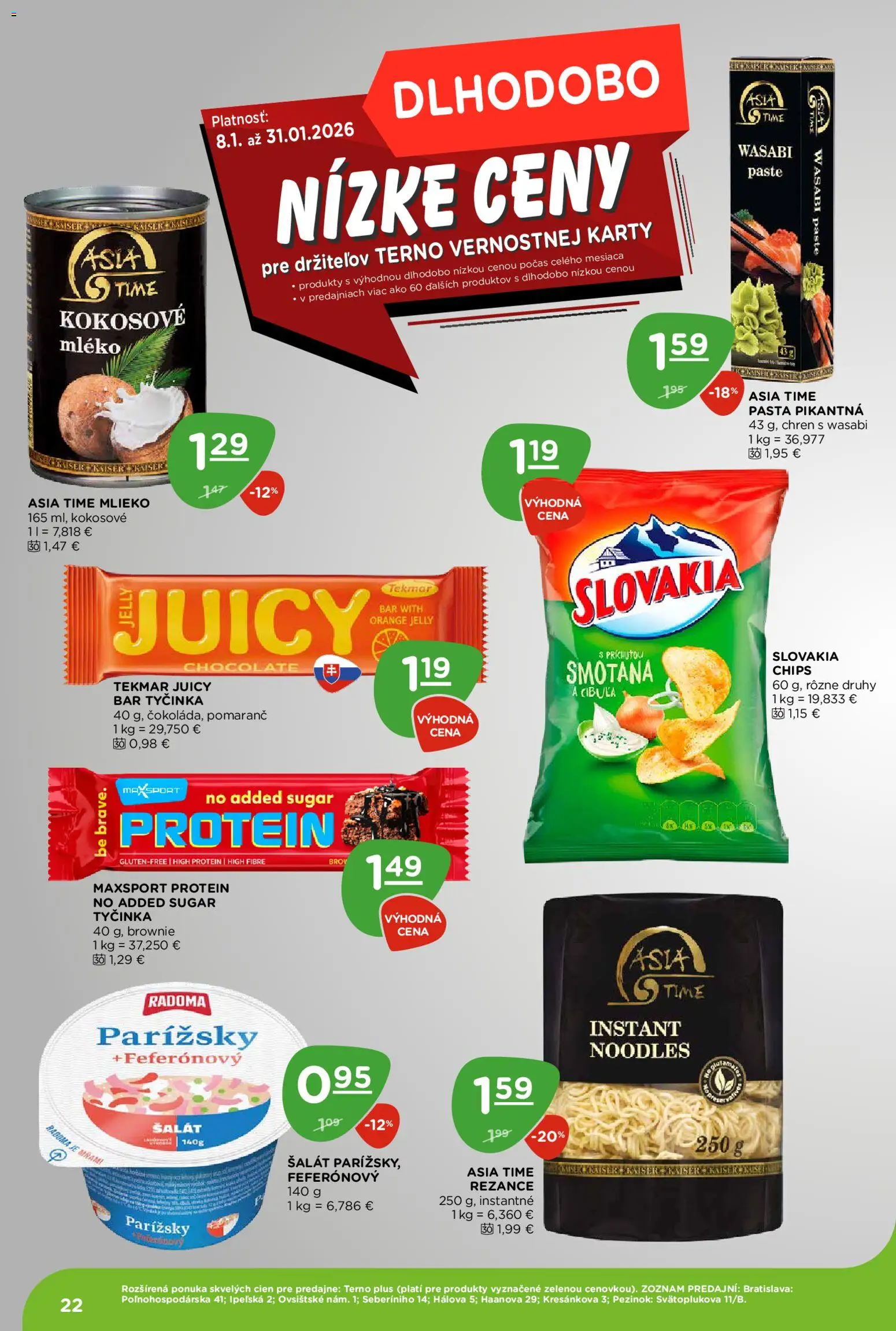 Nové Terno akcie – leták je platný od 15.01.2026 | Strana: 22 | Produkty: Chren, Smotana, Protein, Rezance