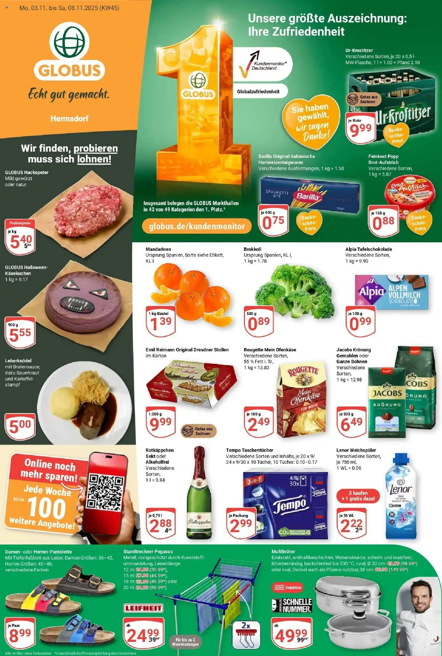 Globus prospekt Hermsdorf	 – gültig ab 02.11.2025 | Seite: 1 | Produkte: Barilla, Weichspüler, Tempo, Rotkäppchen