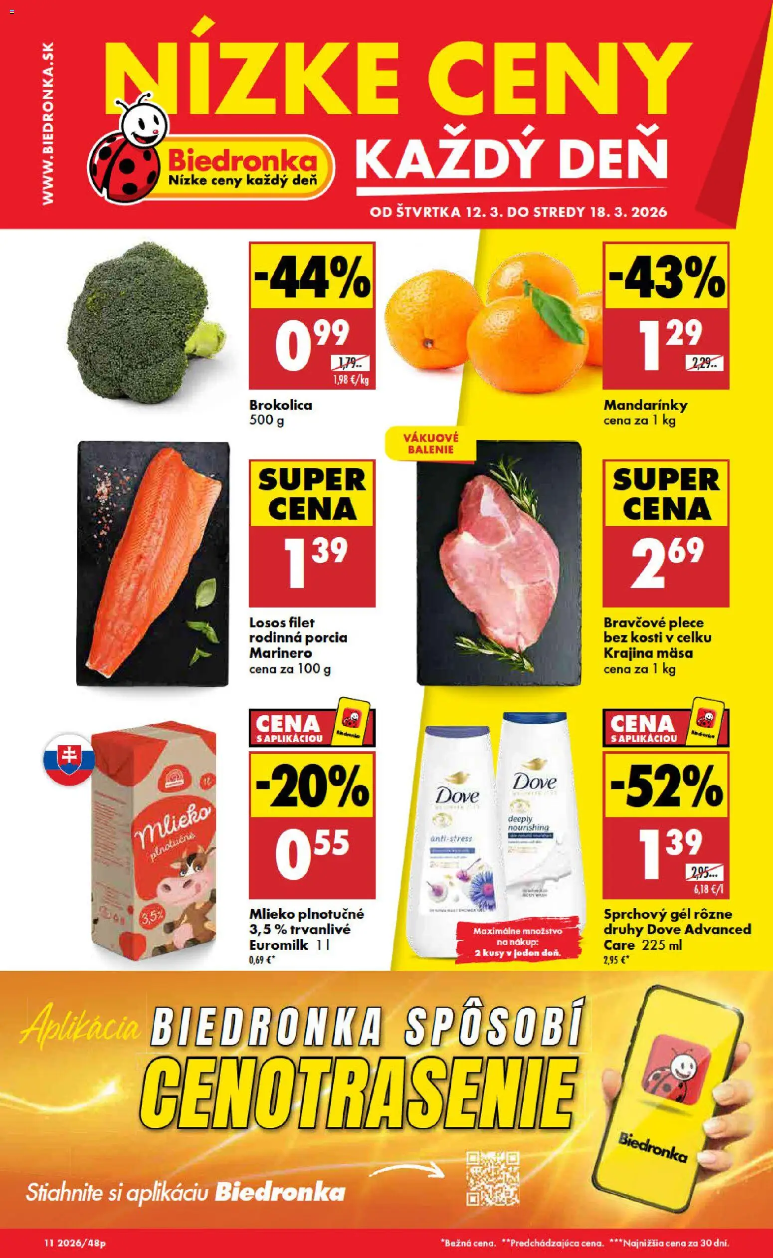 Nové Biedronka akcie – leták je platný od 12.03.2026 | Strana: 1 | Produkty: Mlieko, Bravčové plece, Losos, Mandarinky