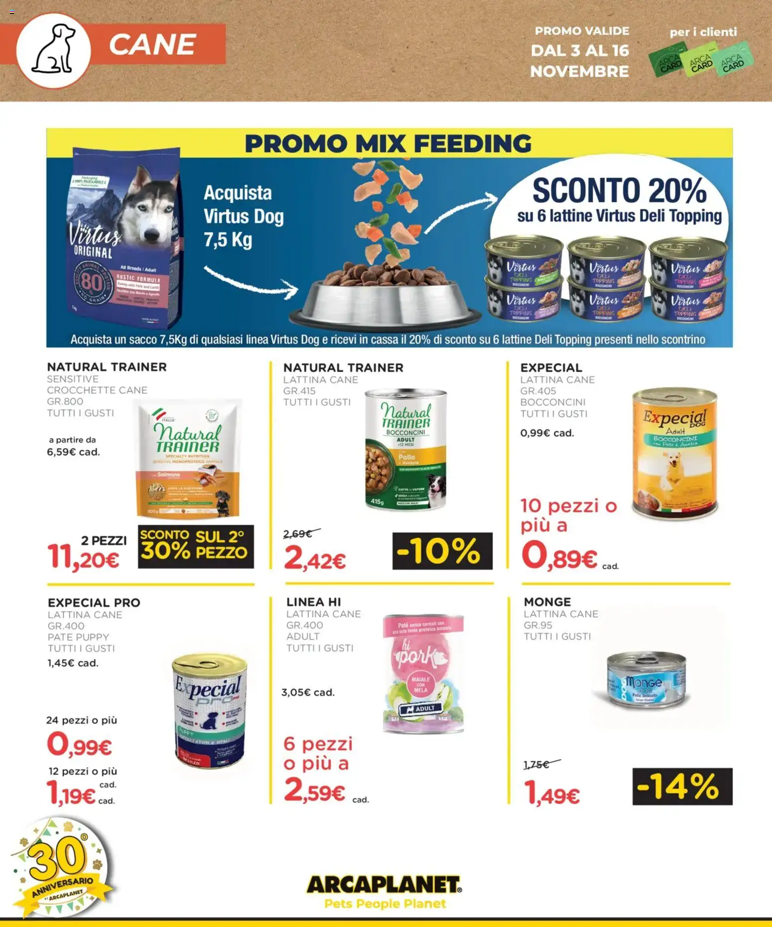 Volantino Arcaplanet del 03.11.2025 | Pagina: 14 | Prodotti: Pollo, Verdure, Crocchette, Crocchette cane