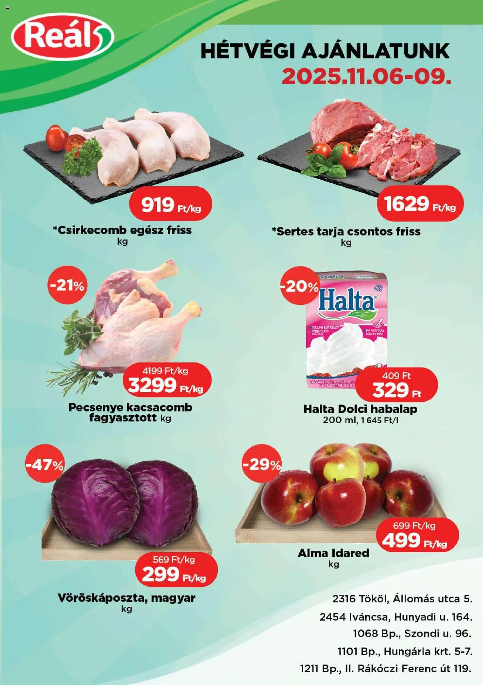 Reál akciós ujság - amely érvényes a következő dátumtól: 06.11.2025 | Oldal: 1 | Termékek: Kacsacomb, Tarja, Alma