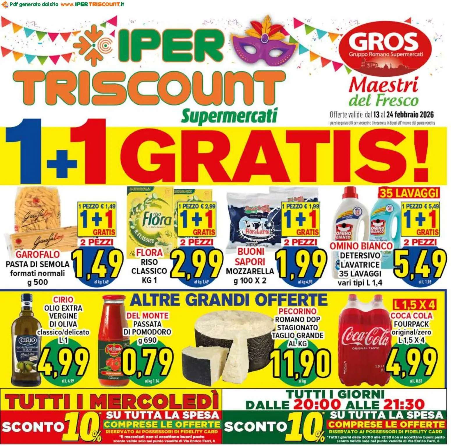 Volantino Ipertriscount del 13.02.2026 | Pagina: 1 | Prodotti: Mozzarella, Pomodoro, Pasta, Coca Cola