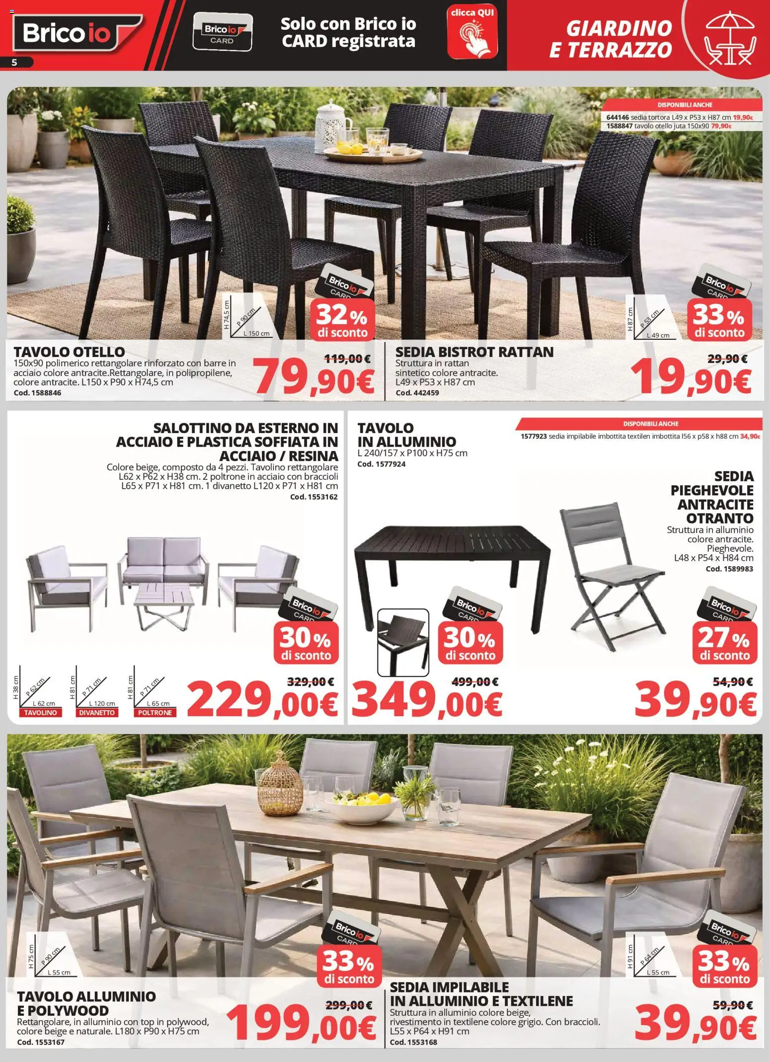 Volantino Brico io del 02.04.2026 | Pagina: 5 | Prodotti: Tavolino, Braccioli, Alluminio, Sedia