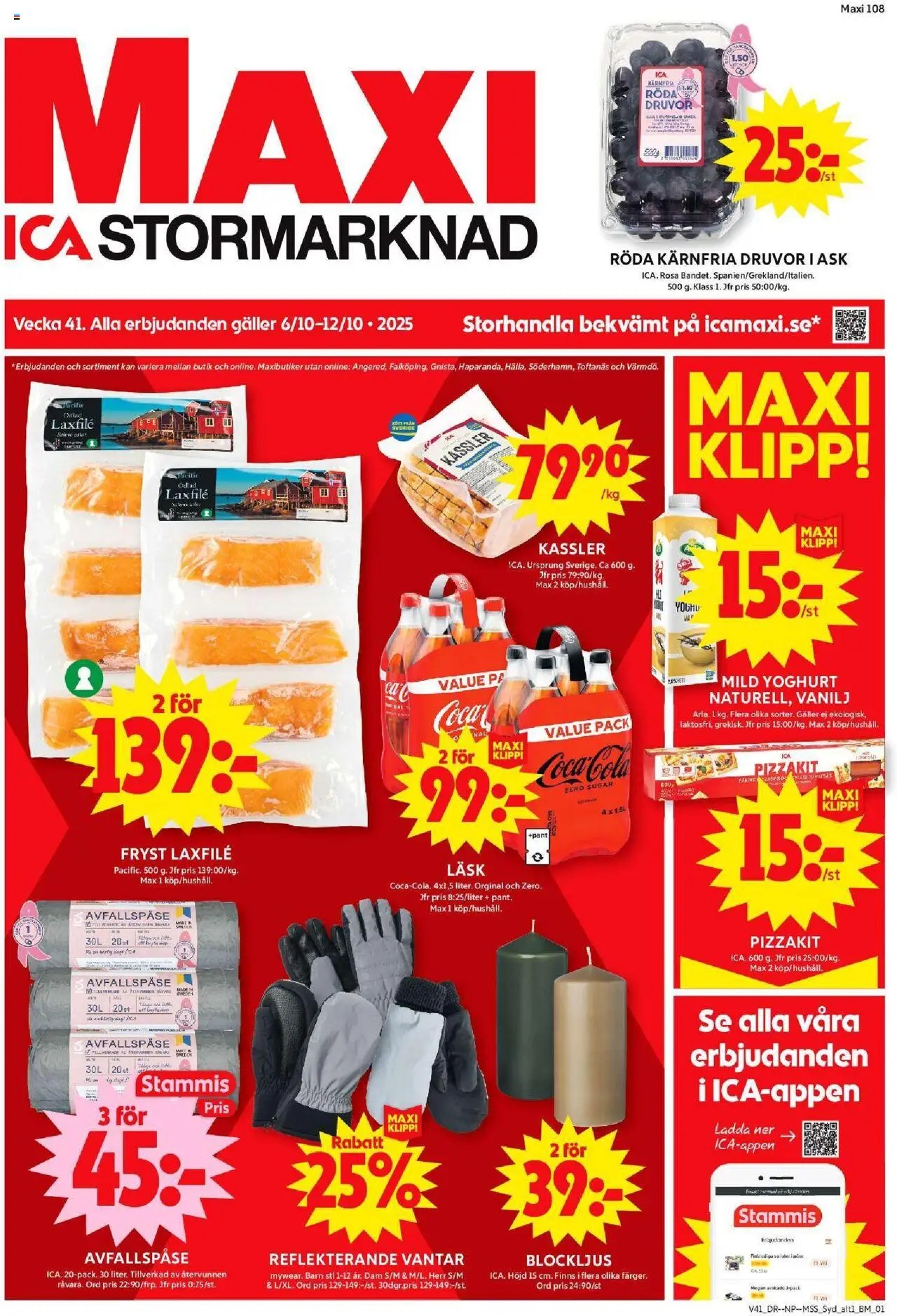 ICA Maxi reklamblad aktuell från 06.10.2025 | Sida: 1 | Produkter: Kassler, Galler, Vantar, Pizzakit