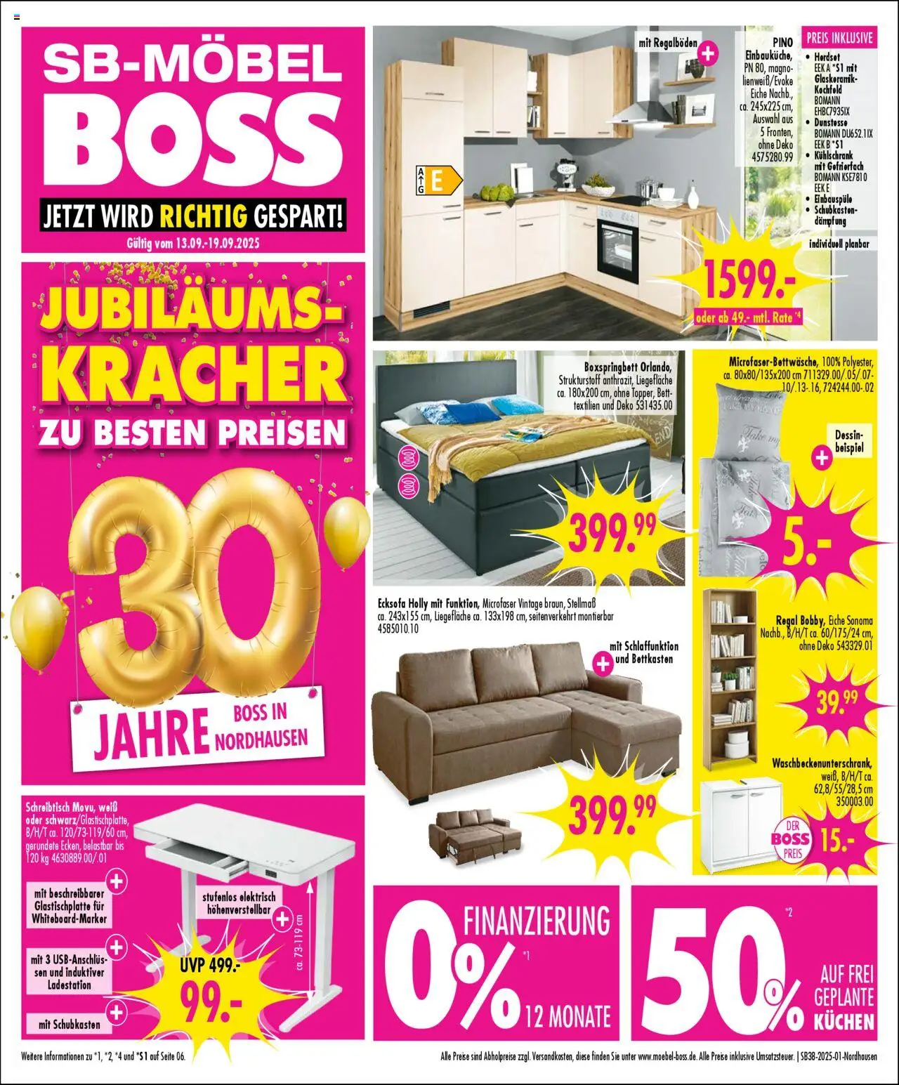 SB Möbel Boss Prospekt Nordhausen	 – gültig ab 13.09.2025 | Seite: 1 | Produkte: Ecksofa, Bett, Kühlschrank, Kuchen