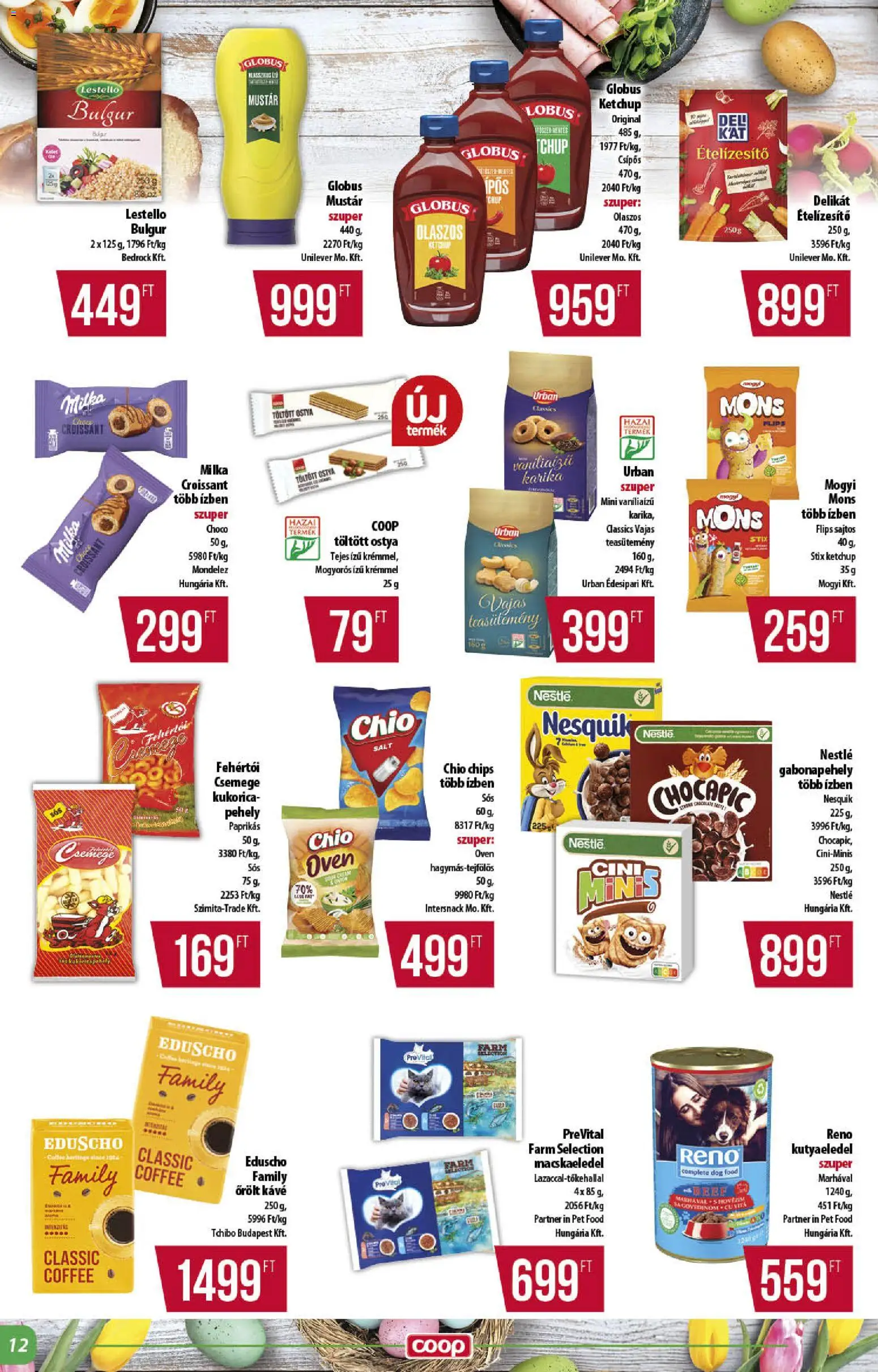 COOP akciós ujság - amely érvényes a következő dátumtól: 26.03.2026 | Oldal: 12 | Termékek: Macskaeledel, Teasütemény, Ketchup, Mustár