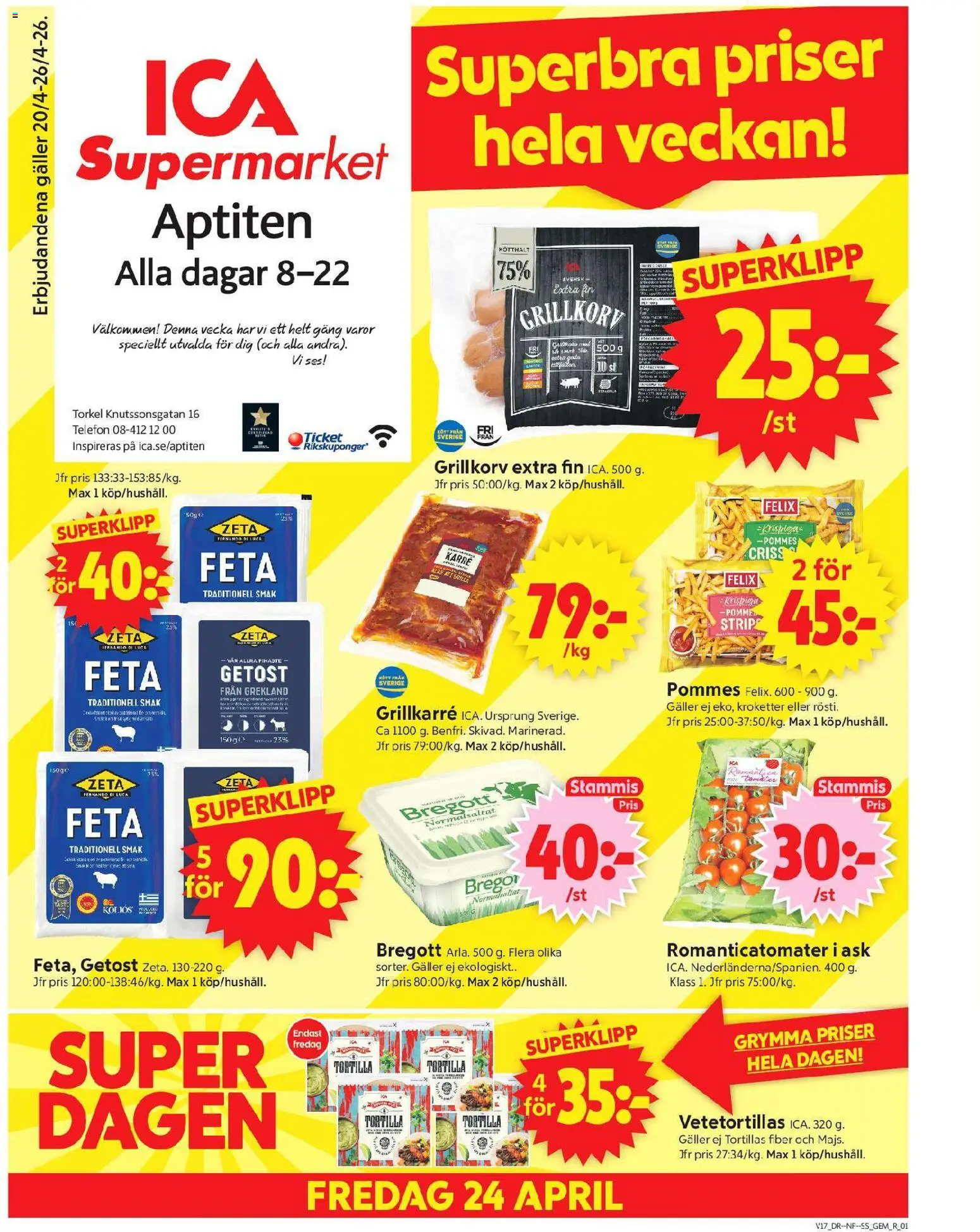 ICA Supermarket reklamblad aktuell från 20.04.2026 | Sida: 1 | Produkter: Tortilla, Bregott, Getost, Grillkorv