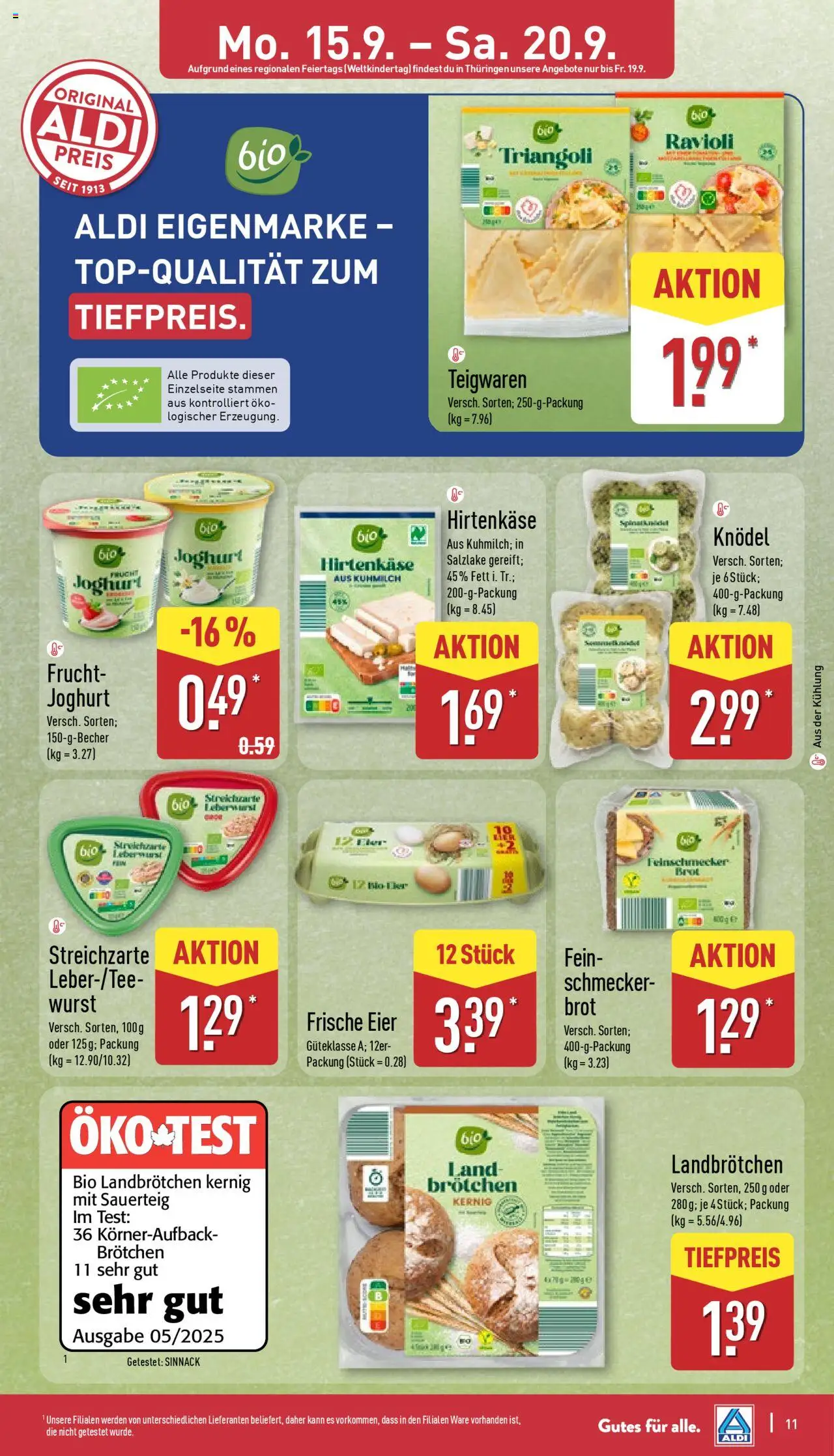Aldi Prospekt 	 – gültig ab 15.09.2025 | Seite: 11 | Produkte: Joghurt, Eier, Wurst, Brot