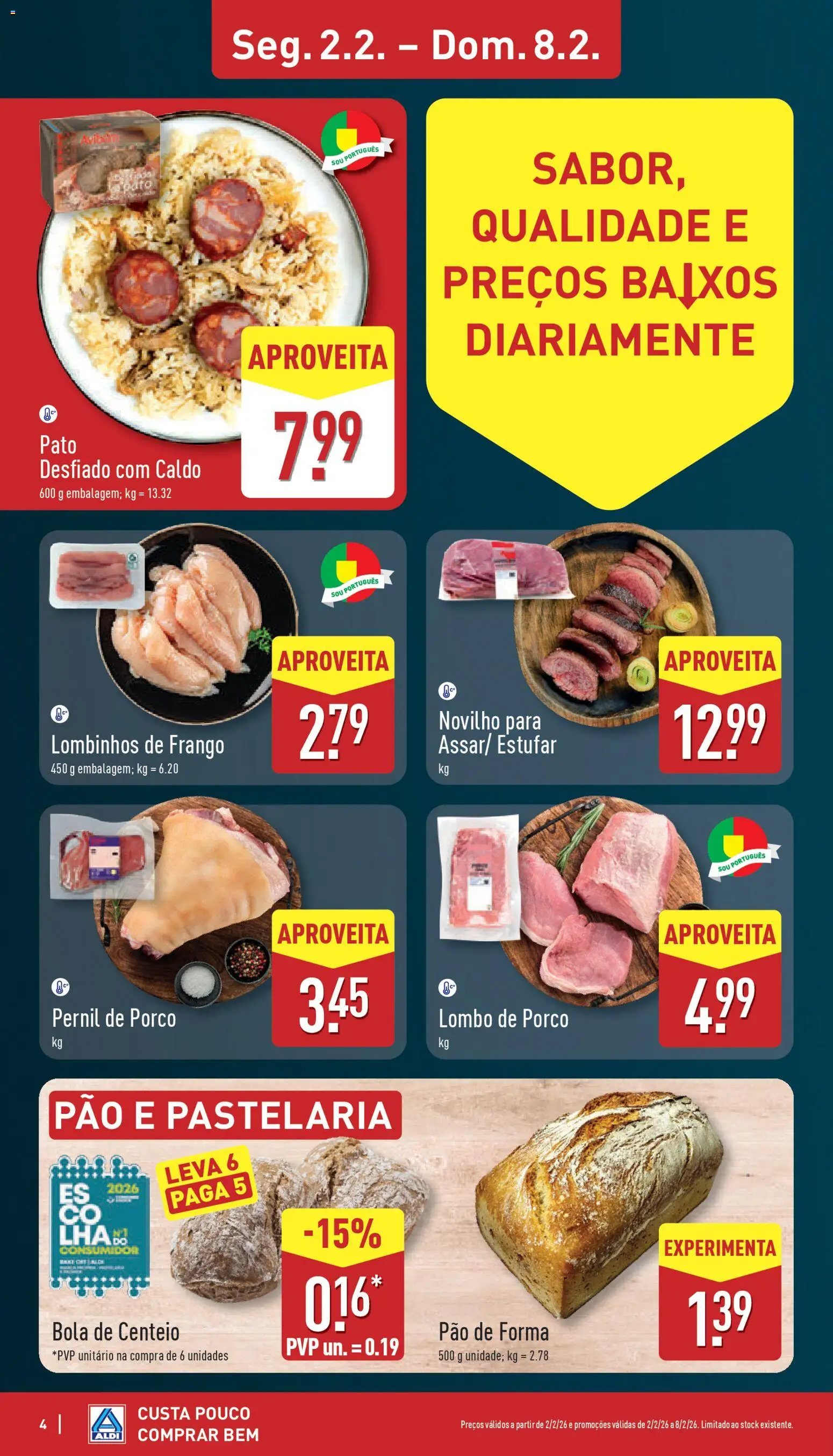 Aldi folheto │ válido de 02.02.2026 | Página: 4 | Produtos: Frango, Centeio, Lombo, Pão