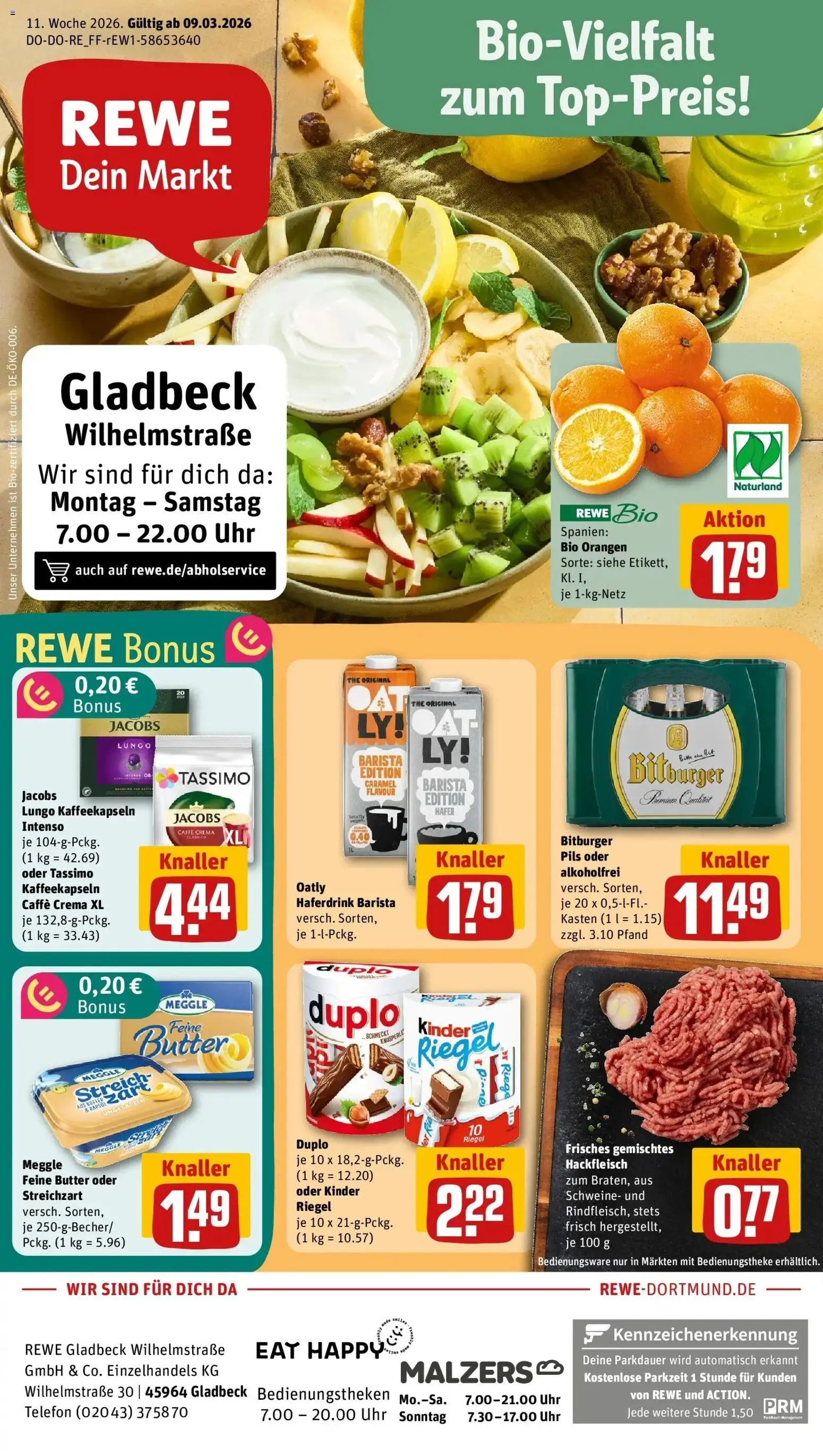Rewe Prospekt Gladbeck	 – gültig ab 08.03.2026 | Seite: 1 | Produkte: Orangen, Kinder riegel, Duplo riegel, Tassimo