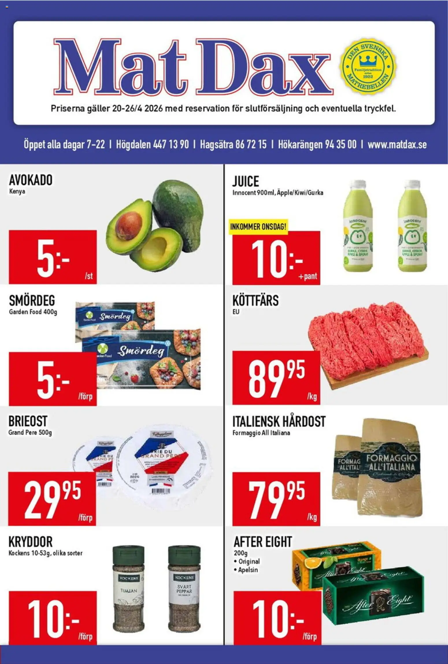 Matdax reklamblad aktuell från 20.04.2026 | Sida: 1 | Produkter: Brieost, Peppar, Juice, Apelsin