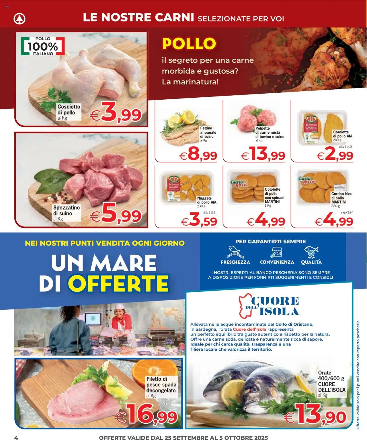 Volantino Despar del 25.09.2025 | Pagina: 4 | Prodotti: Bovino, Nuggets, Suino, Pesce spada