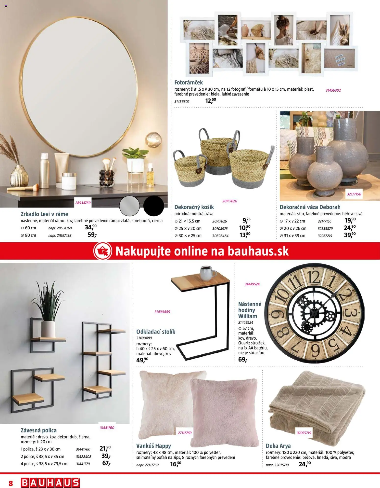 Nové Bauhaus akcie – leták je platný od 12.01.2026 | Strana: 8 | Produkty: Vankúš, Zrkadlo, Odkladací stolík, Hodiny