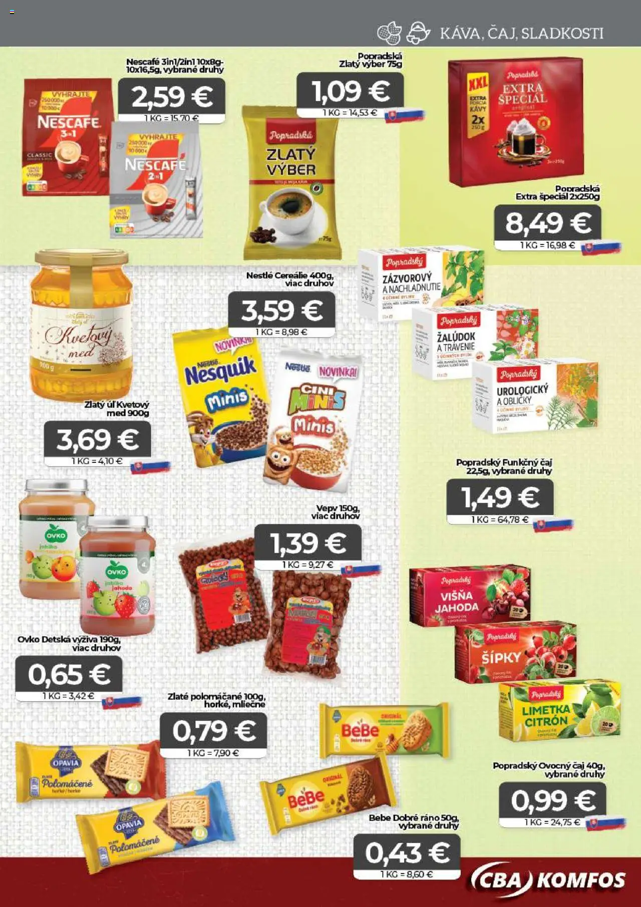 Nové CBA Komfos akcie – leták je platný od 19.09.2025 | Strana: 9 | Produkty: BeBe Dobré ráno, Cereálie, Med, Nesquik