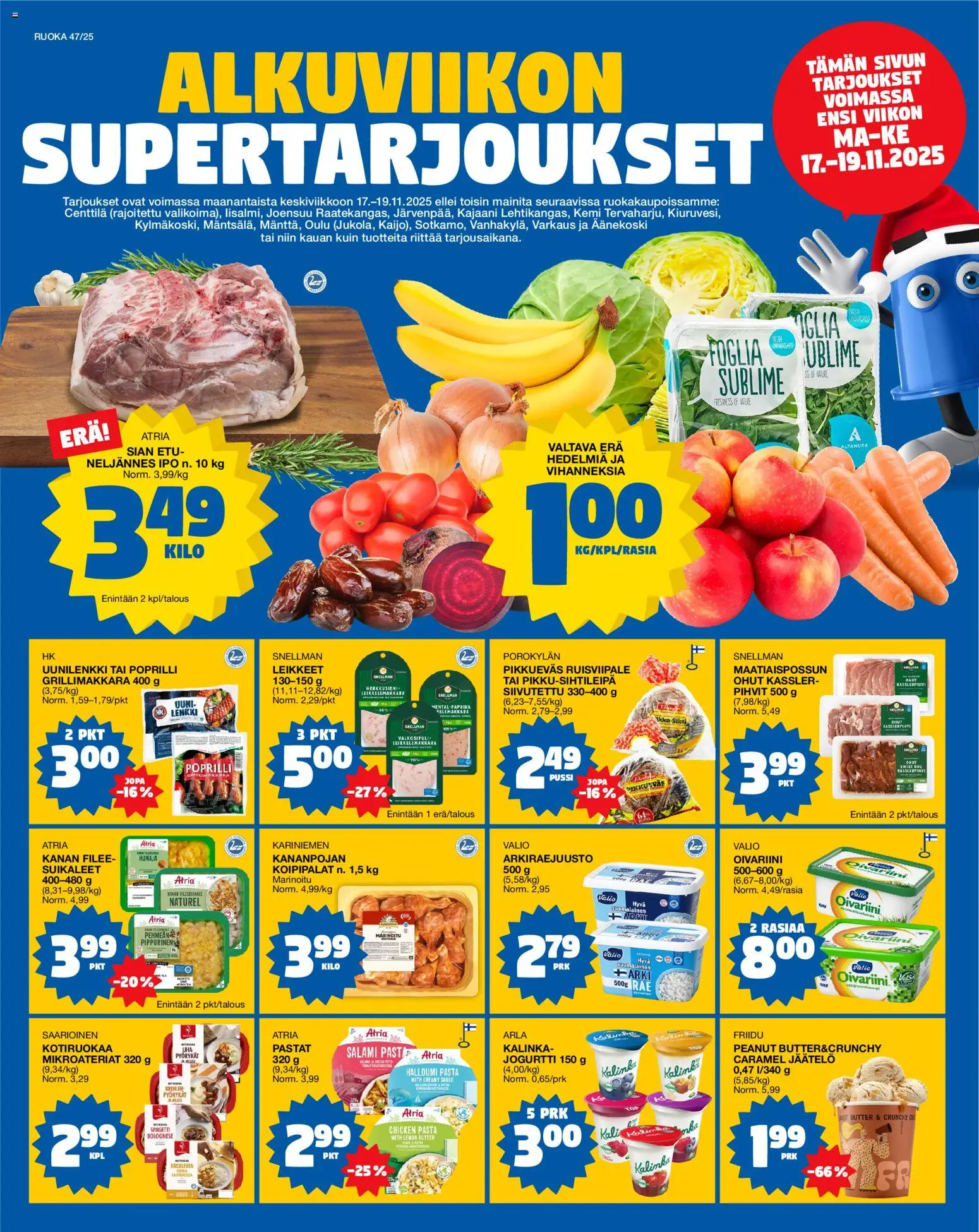 Tokmanni Ruokatarjoukset – voimassa 17.11.2025 alkaen | Sivu: 1 | Tuotteet: Grillimakkara, Halloumi, Pasta, Jäätelö