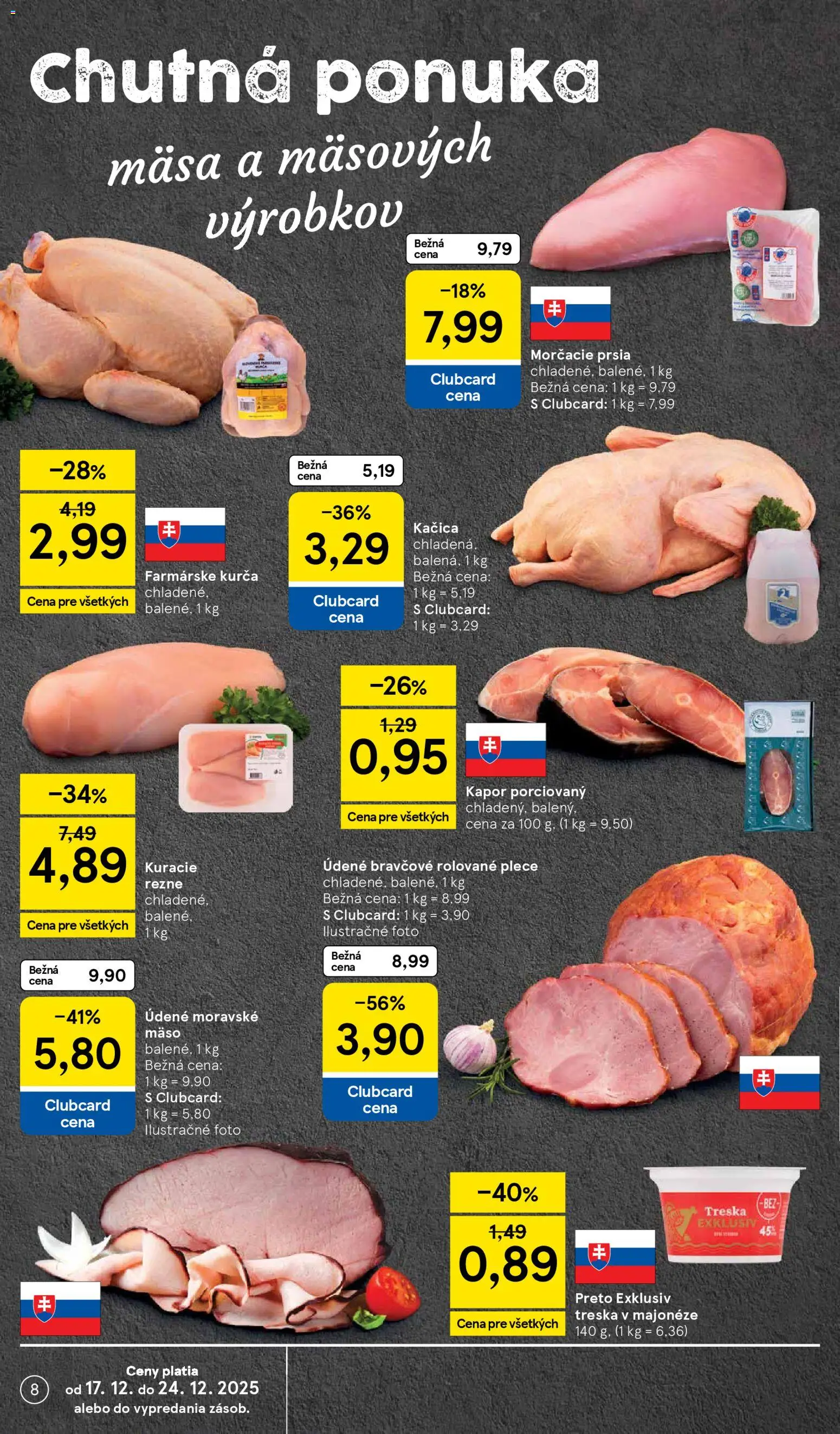 Nové Tesco akcie – leták je platný od 17.12.2025 | Strana: 8 | Produkty: Kačica, Kuracie rezne, Kurča, Treska