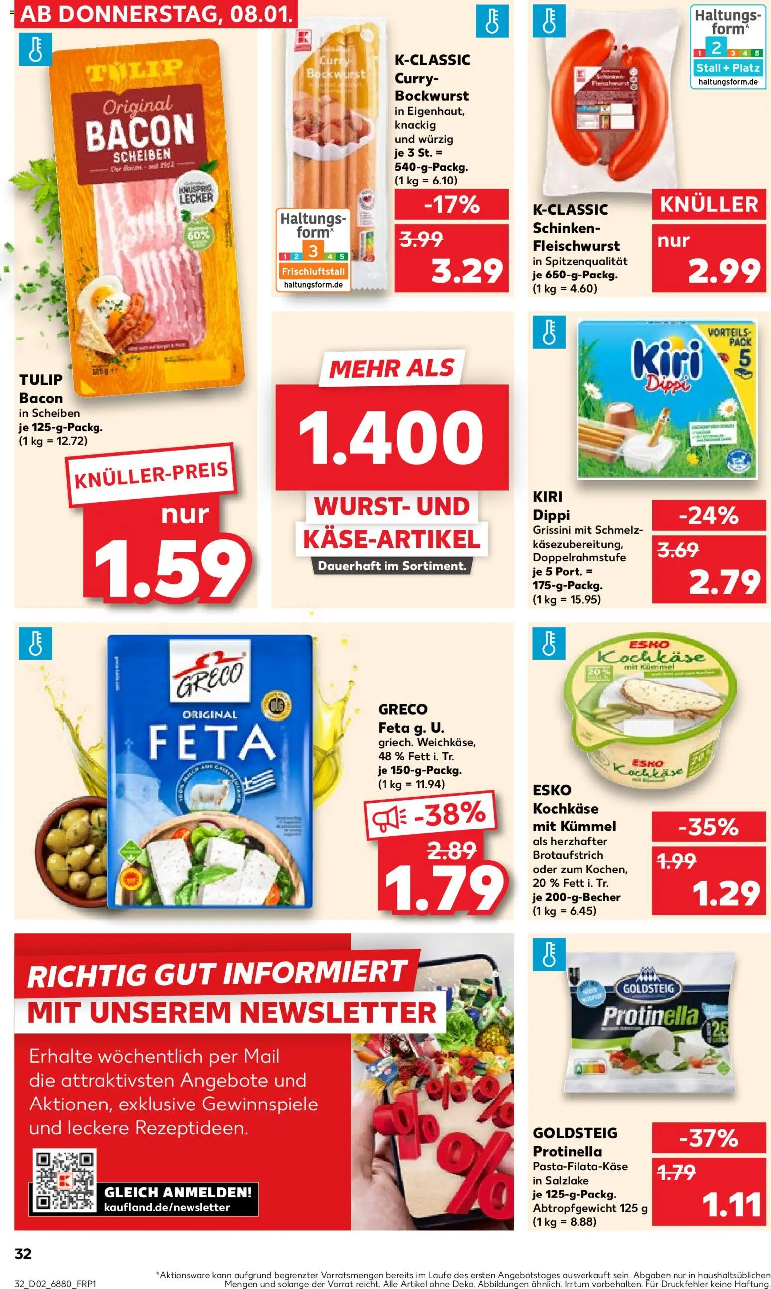 Kaufland prospekt Völklingen	 – gültig ab 08.01.2026 | Seite: 32 | Produkte: Bockwurst, Feta, Wurst, Schinken