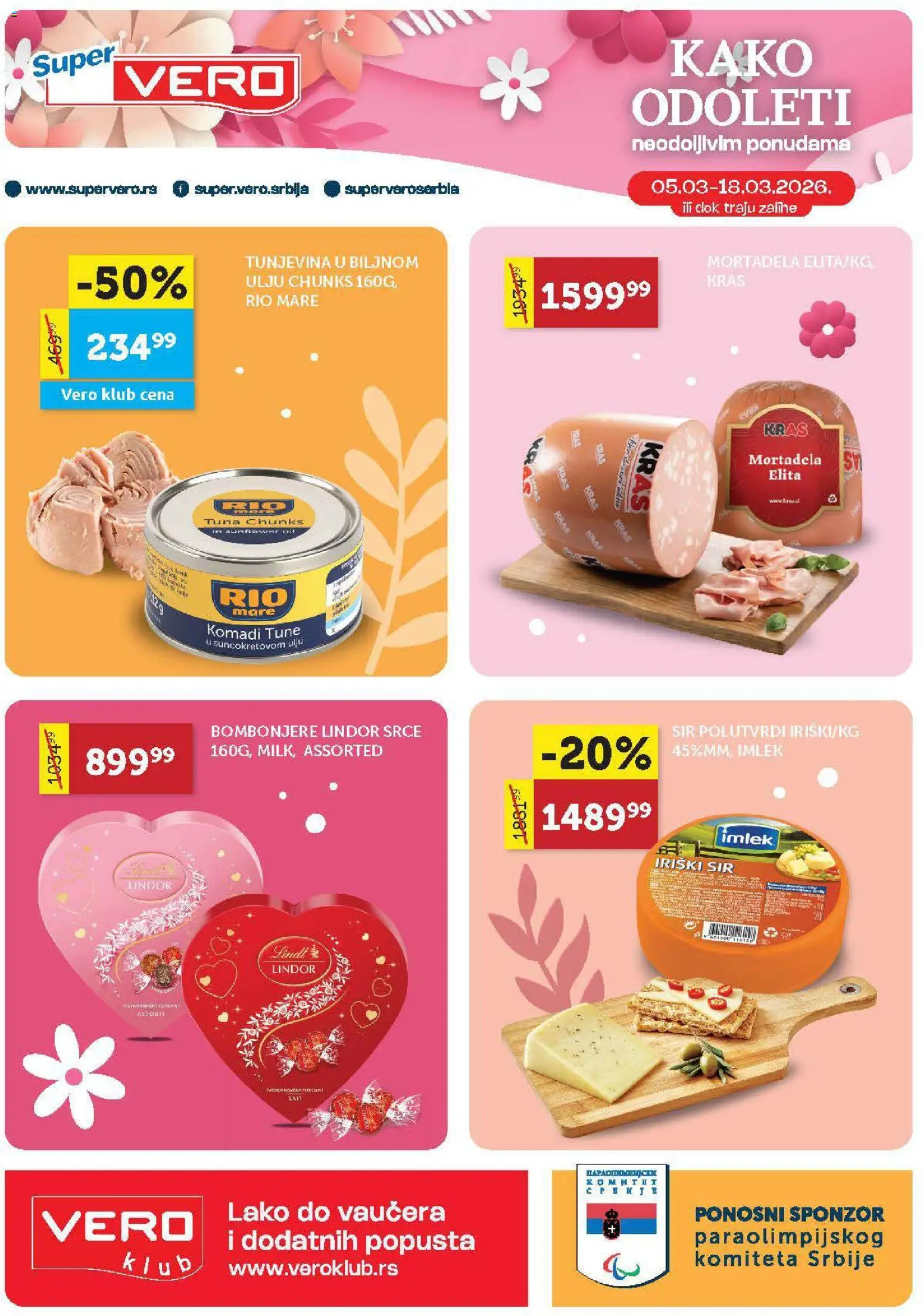 SuperVERO katalog - važi od 05.03.2026 | Strana: 1 | Proizvode: Lindt, Rio mare, Mortadela, Sir