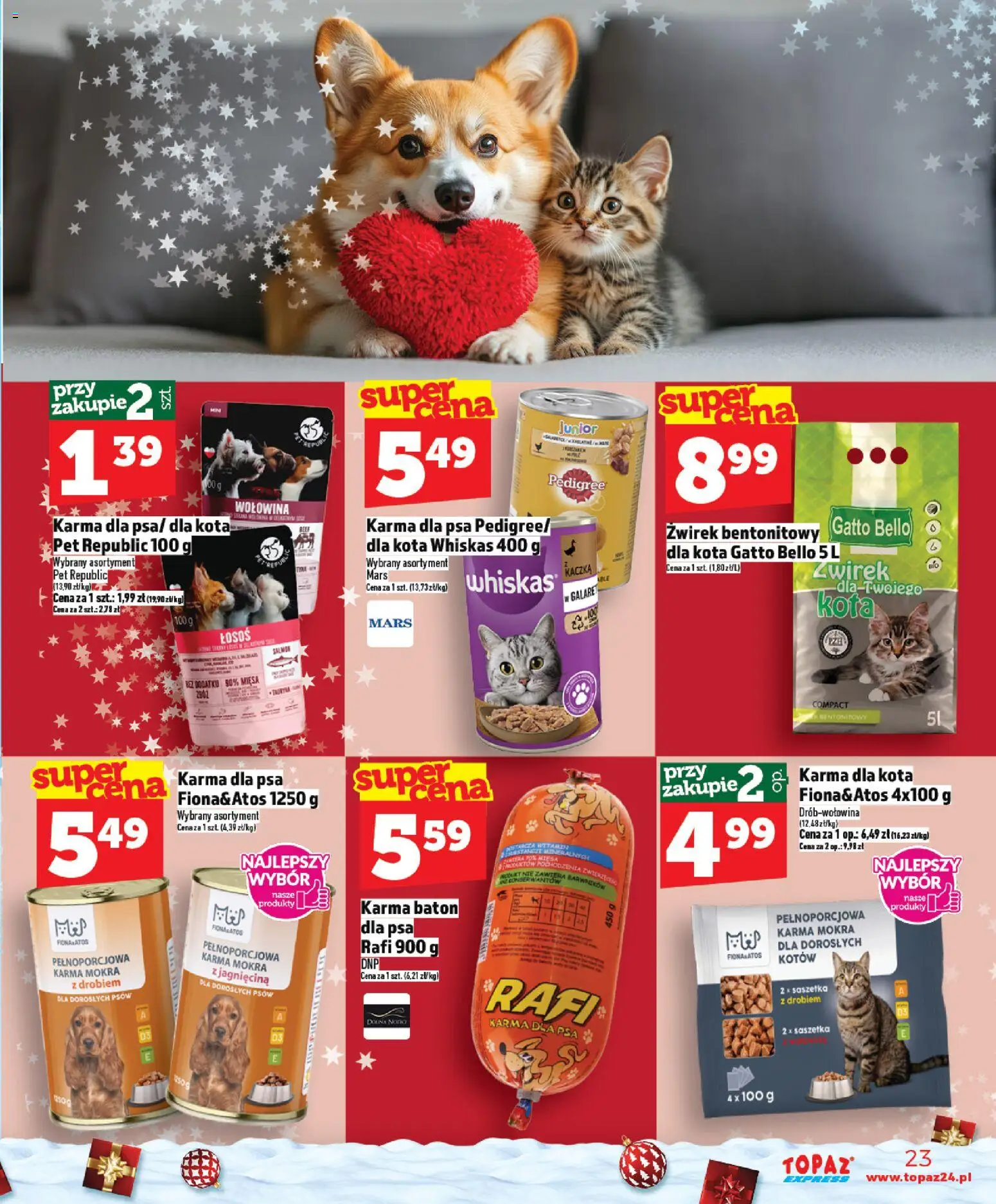 Topaz Gazetka - Express od 04.12.2025 | Strona: 23 | Produkty: Jagnięcina, Łosoś, Karma dla kota, Żwirek bentonitowy