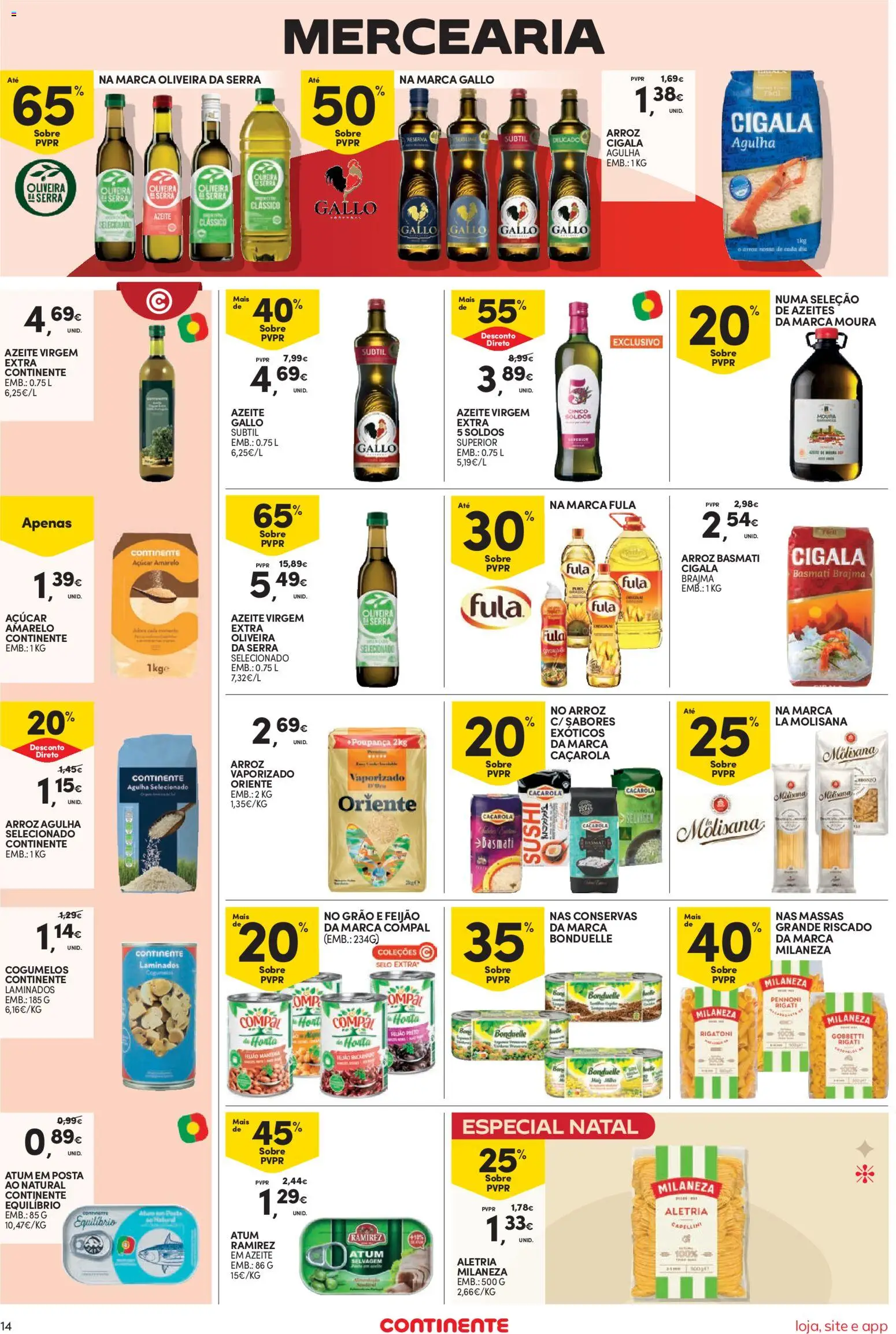 Continente Semanal Continente Bom Dia │ válido de 25.11.2025 | Página: 14 | Produtos: Atum, Azeite, Arroz basmati, Açúcar
