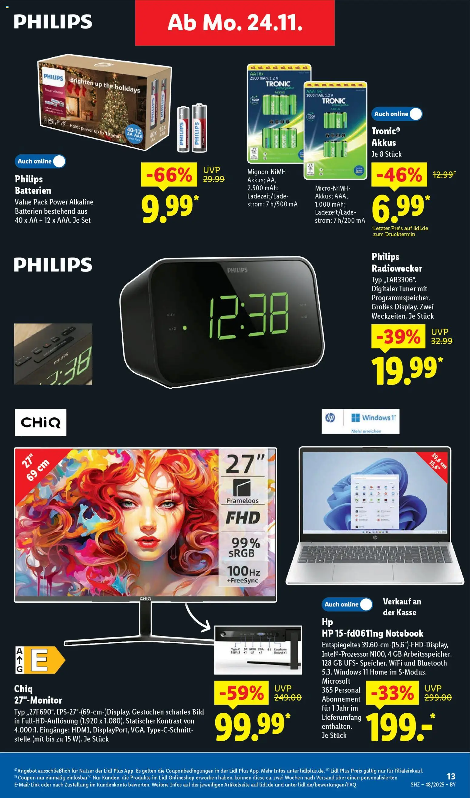 Lidl Prospekt Uffenheim – gültig ab 24.11.2025 | Seite: 13 | Produkte: HP, Batterien, Radiowecker, Notebook