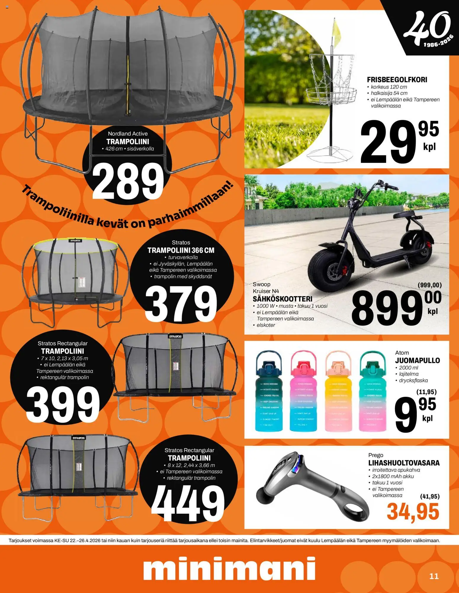Minimani tarjoukset – voimassa 22.04.2026 alkaen | Sivu: 11 | Tuotteet: Sähköskootteri, Akku, Trampoliini