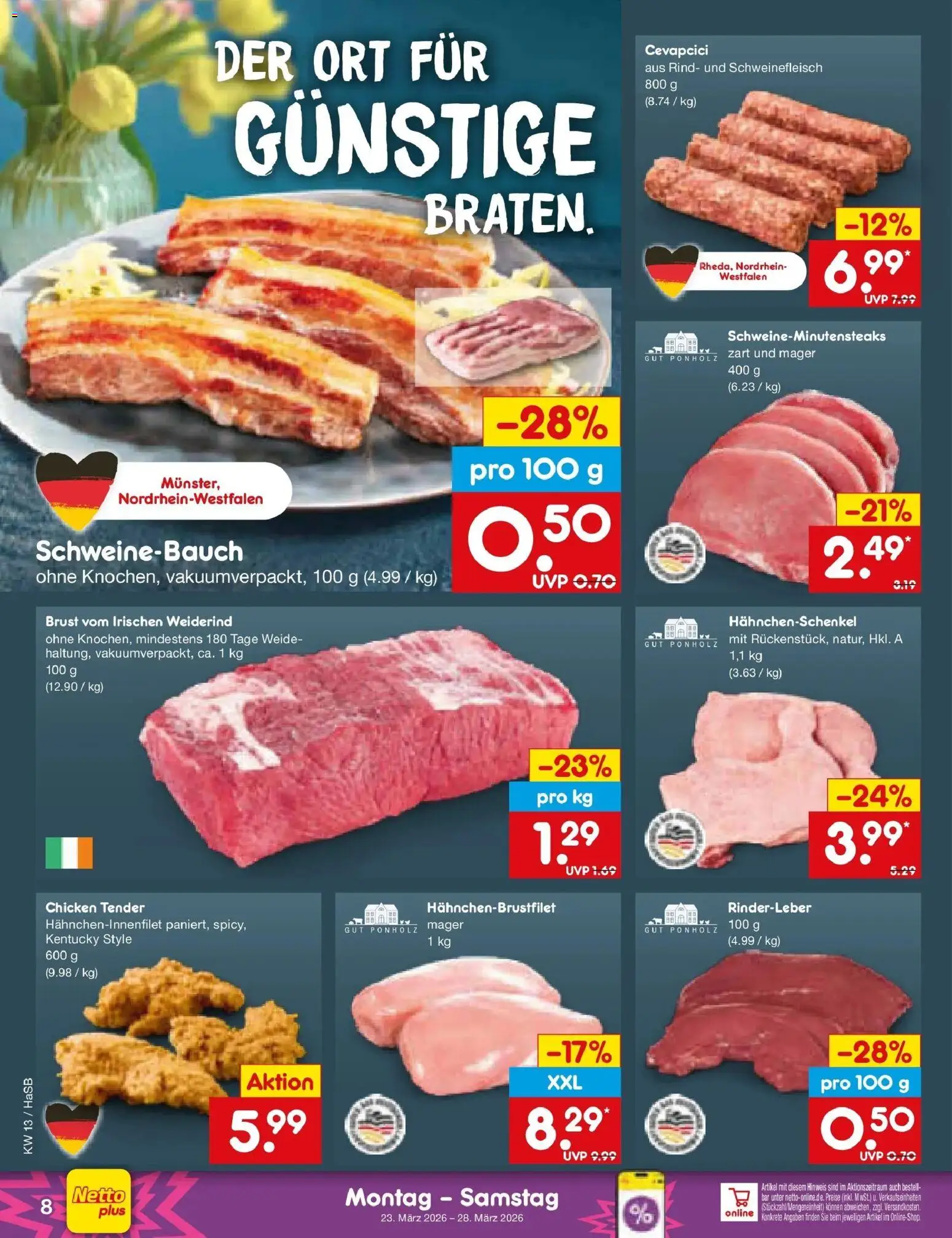 Netto Marken-Discount Prospekt Wuppertal	 – gültig ab 23.03.2026 | Seite: 8 | Produkte: Hahnchenschenkel, Schweinebauch, Cevapcici, Schweinefleisch