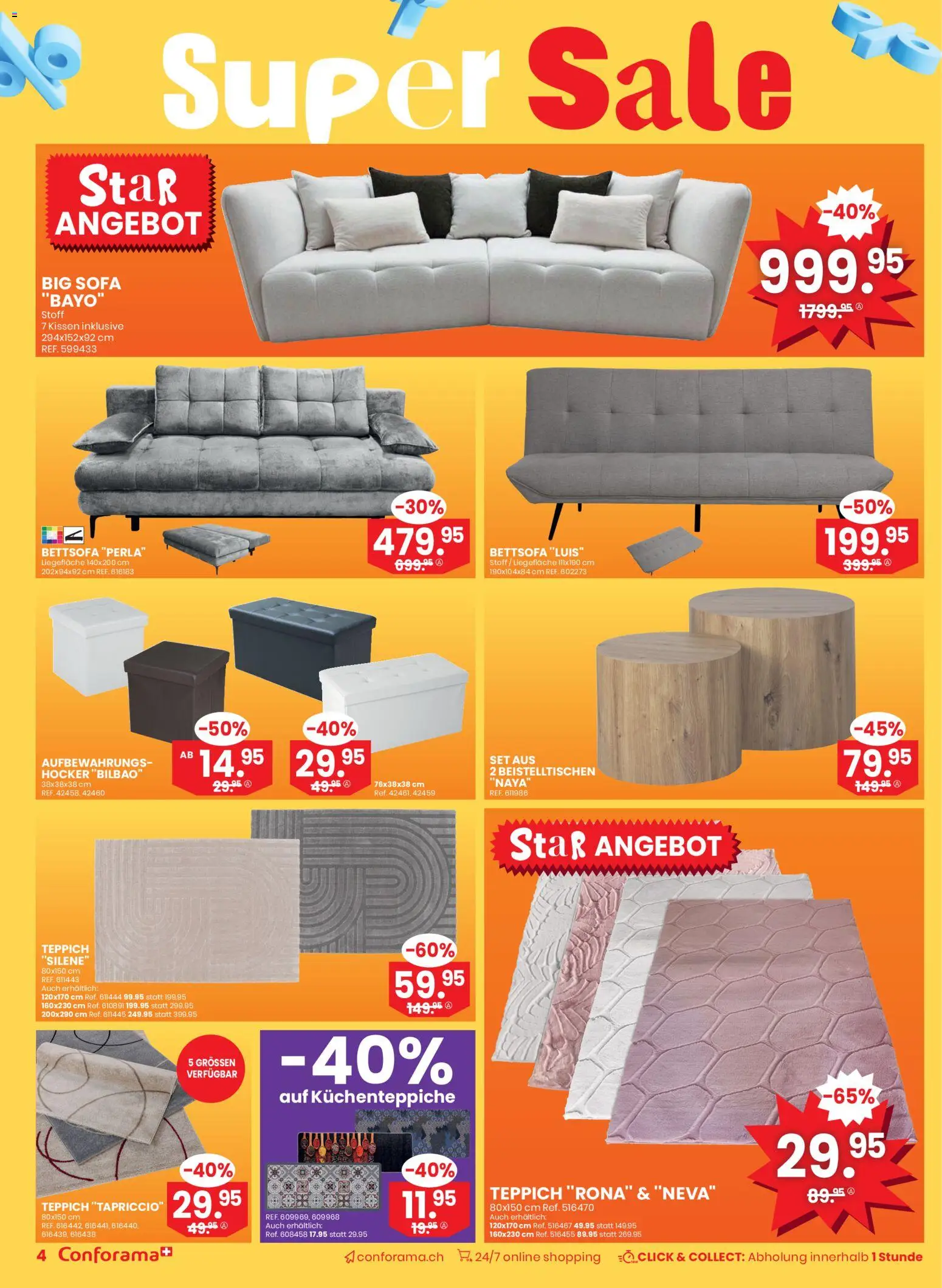 Conforama Aktionen Super Sale – gültig ab 17.12.2025 | Seite: 4 | Produkte: Hocker, Kissen, Sofa, Teppich