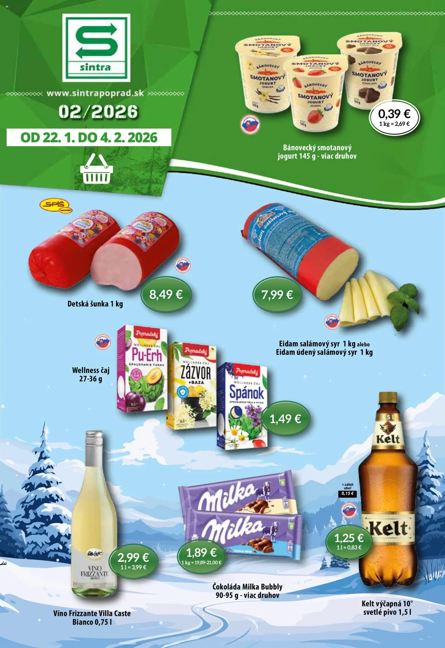 Nové Sintra akcie – leták je platný od 22.01.2026 | Strana: 1 | Produkty: Pivo, Zázvor, Víno, Milka