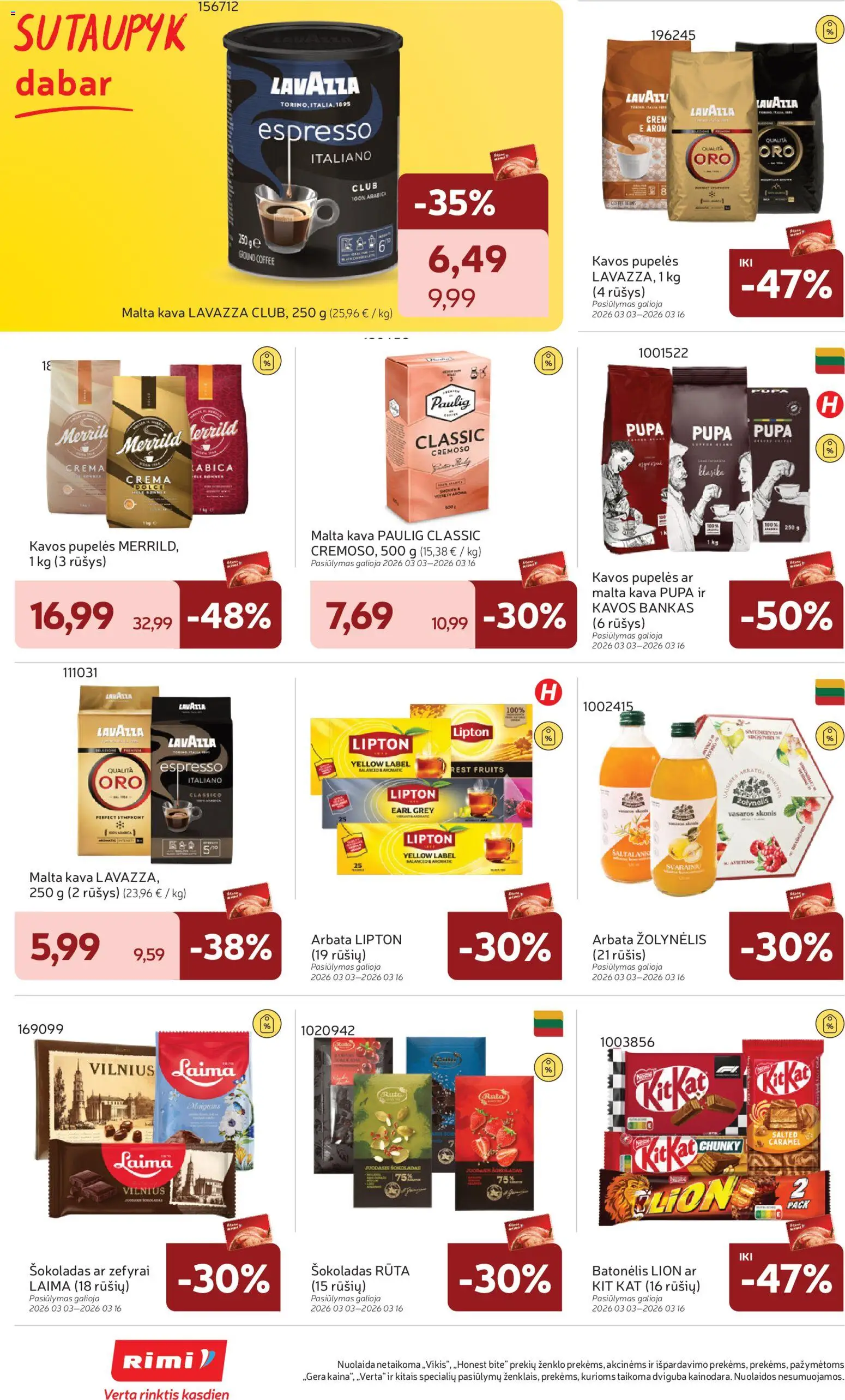 Rimi akcijos nuo 10.03.2026 | Puslapis: 28 | Prekių: Pupelės, Kavos pupelės, Šokoladas, Arbata