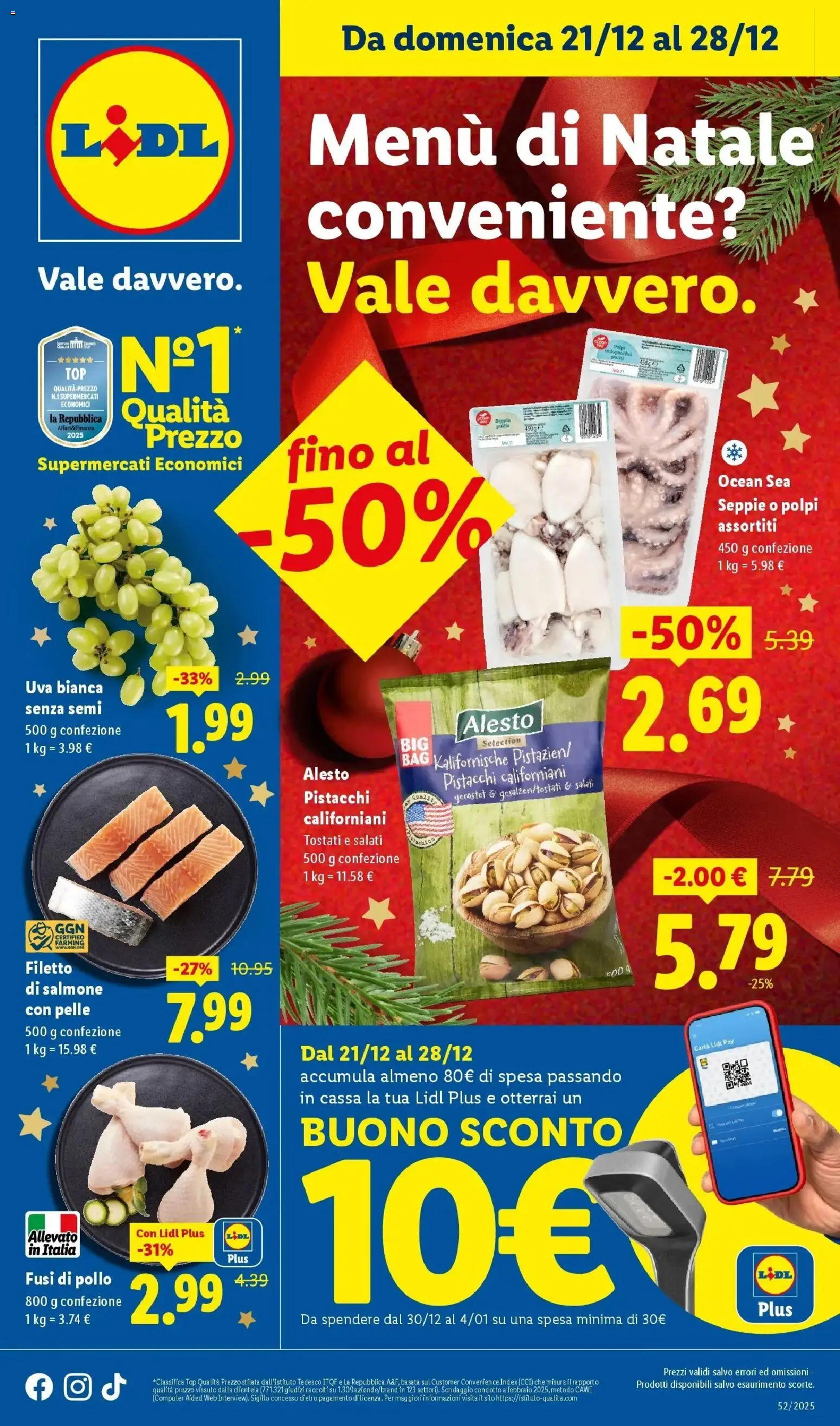 Volantino Lidl del 21.12.2025 | Pagina: 1 | Prodotti: Salmone, Top, Uva, Computer