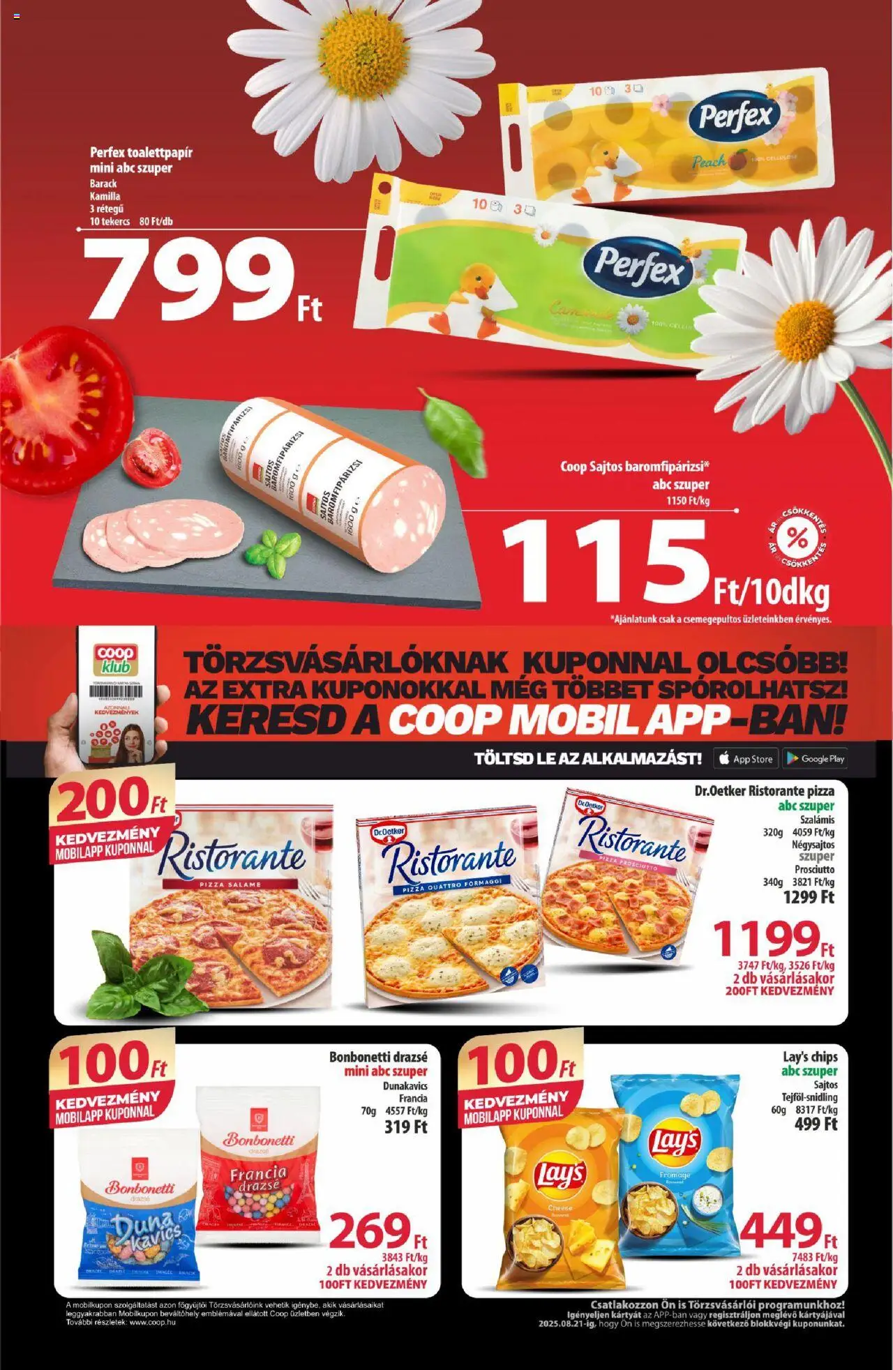 COOP akciós ujság - amely érvényes a következő dátumtól: 28.08.2025 | Oldal: 8 | Termékek: Chips, Kavics, Drazsé, Pizza