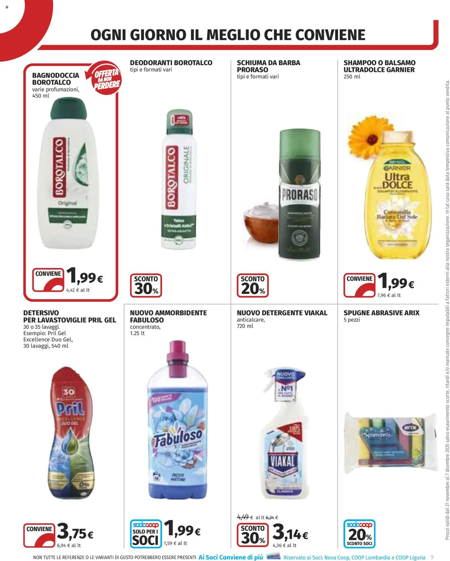 Volantino COOP del 27.11.2025 | Pagina: 9 | Prodotti: Shampoo, Schiuma da barba, Ammorbidente, Detergente