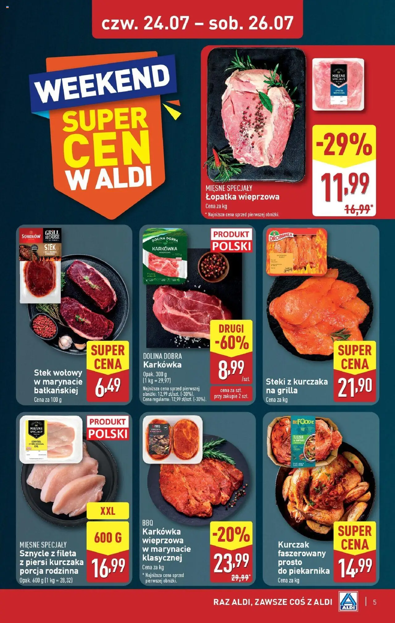 Aldi Gazetka - Okazje na weekend od 24.07.2025 | Strona: 5 | Produkty: Kurczak, Piersi, Steki, Łopatka wieprzowa