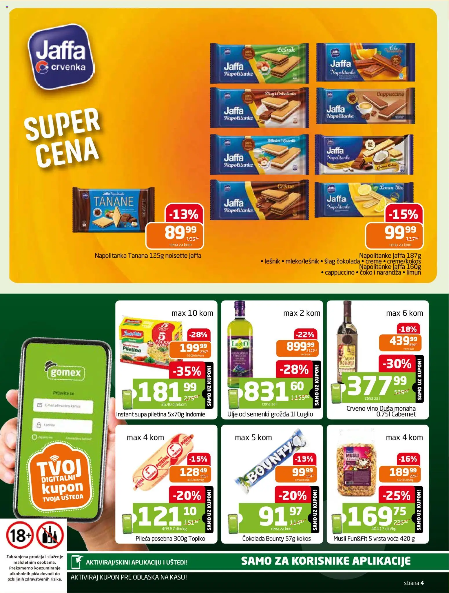 Gomex katalog - važi od 18.02.2026 | Strana: 4 | Proizvode: Bounty, Lešnik, Crveno vino, Vino