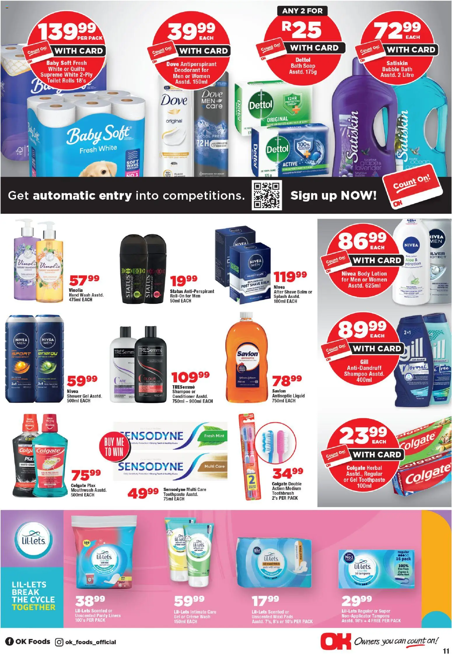 New OK Foods catalogue – valid from 24.10.2025 | Page: 11 | Products: Antiseptic liquid, Panty liners, Toothbrush, Lotion