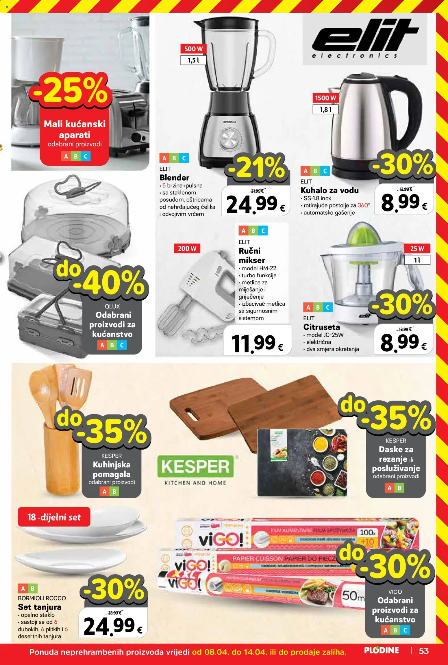 Plodine katalog | vrijedi od 08.04.2026 | Stranica: 53 | Proizvodi: Kuhalo za vodu, Mikser, Set tanjura, Blender