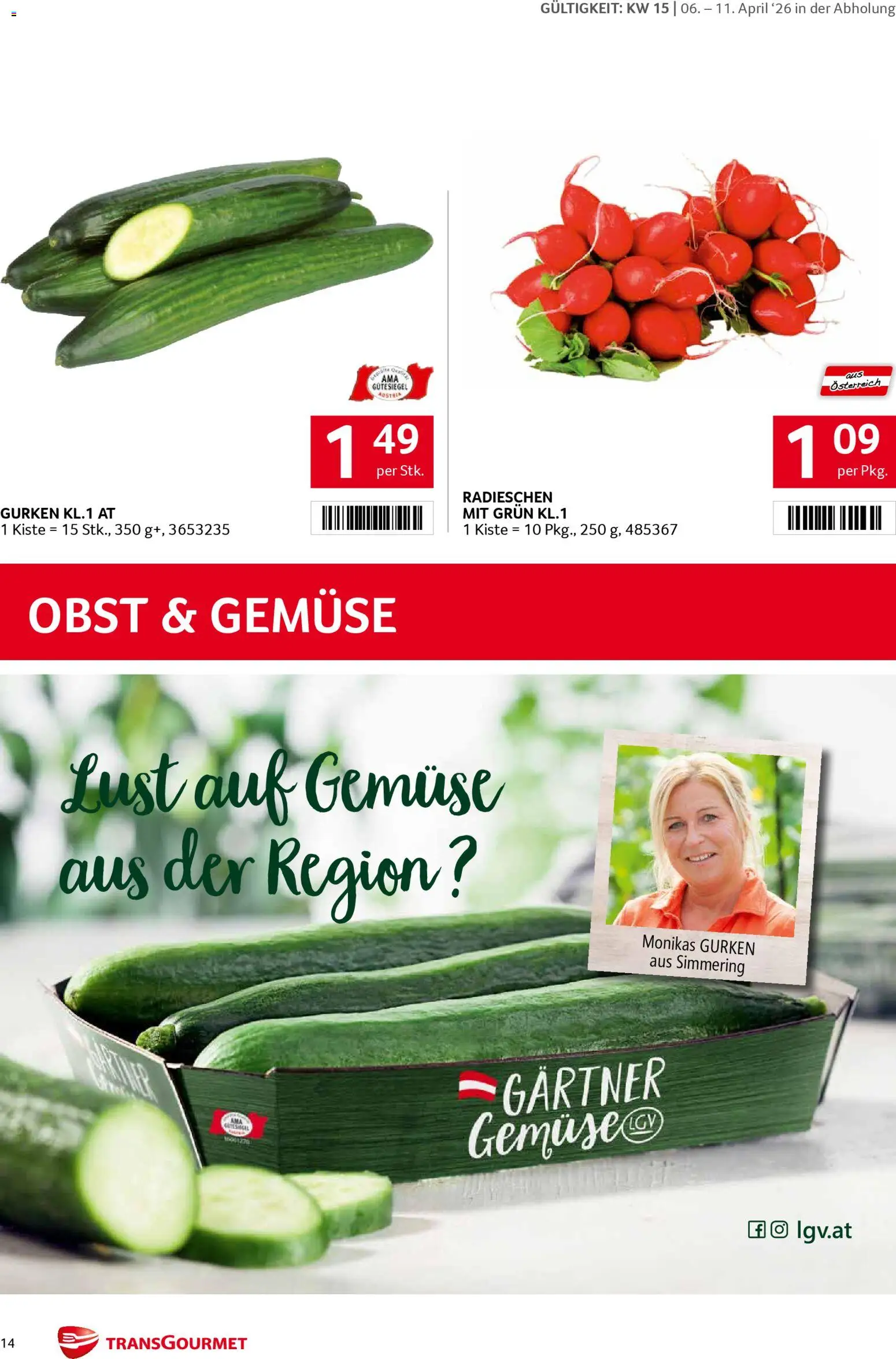 Transgourmet Zustellaktion gültig ab 06.04.2026 | Seite: 14 | Produkte: Gurken, Gemüse, Obst