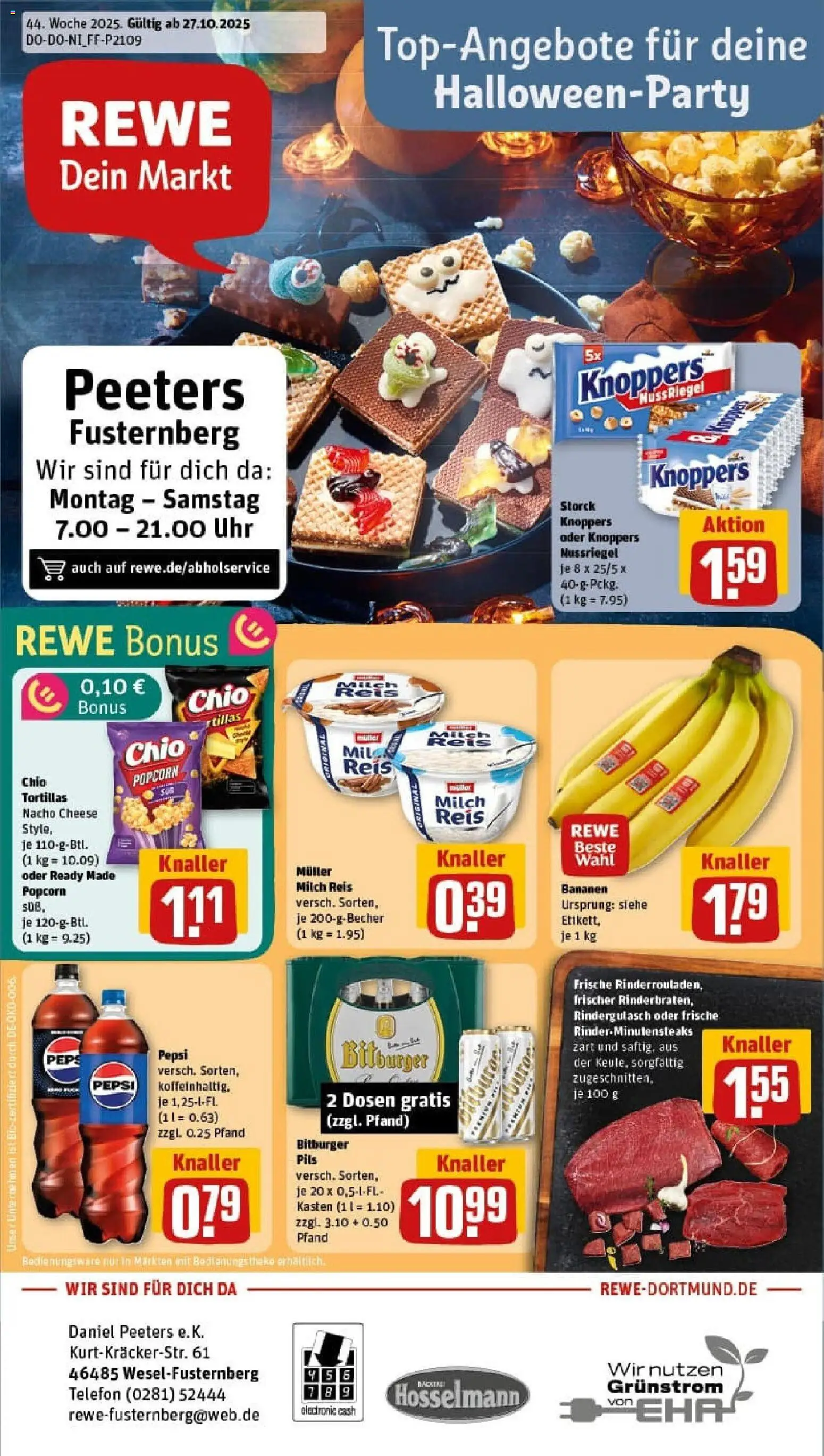 Rewe prospekt Wesel	 – gültig ab 26.10.2025 | Seite: 1 | Produkte: Bitburger, Bananen, Telefon, Uhr