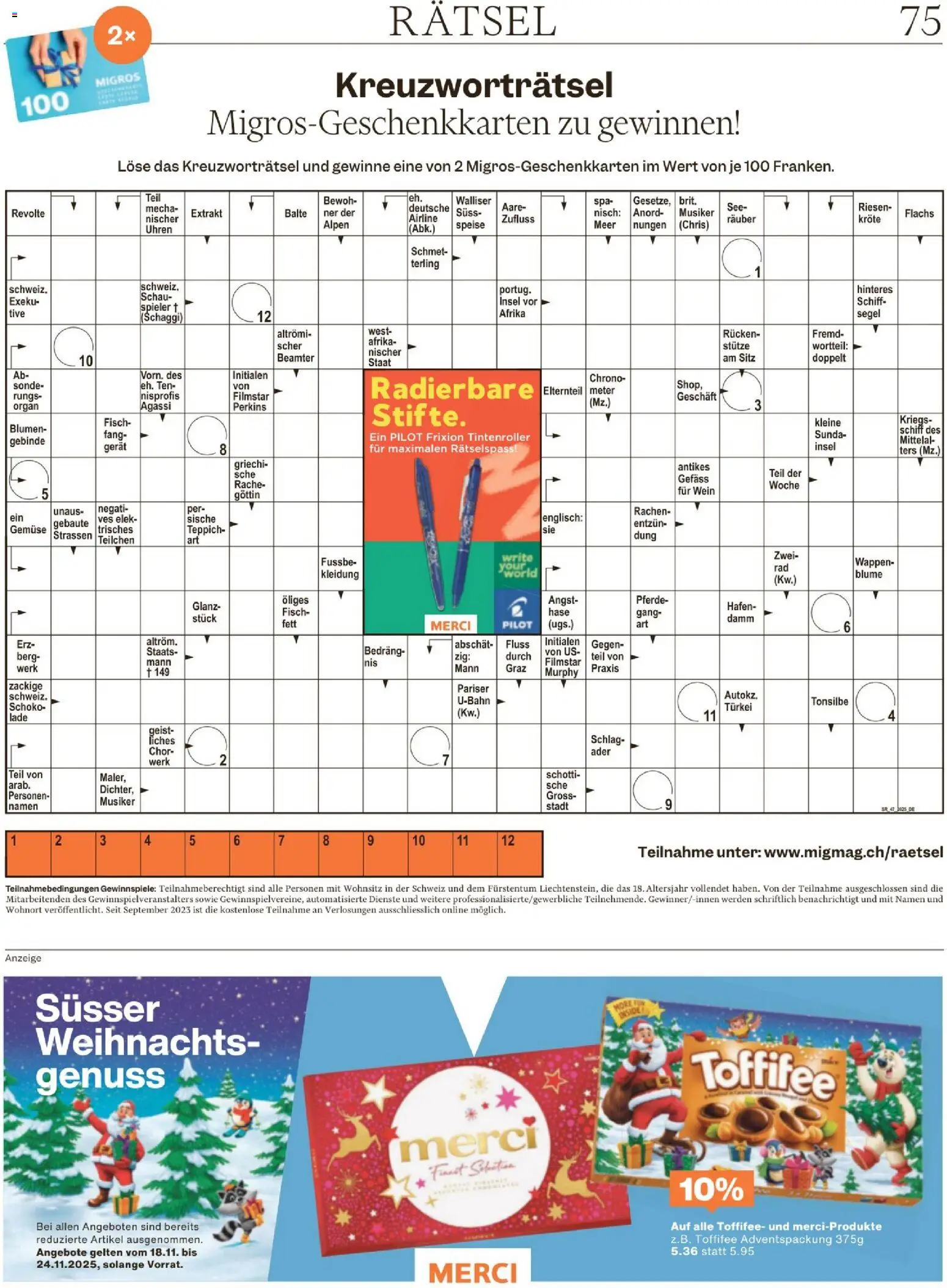 Migros Magazin – gültig ab 17.11.2025 | Seite: 75 | Produkte: Teppich, Fisch, Gemüse, Spieler