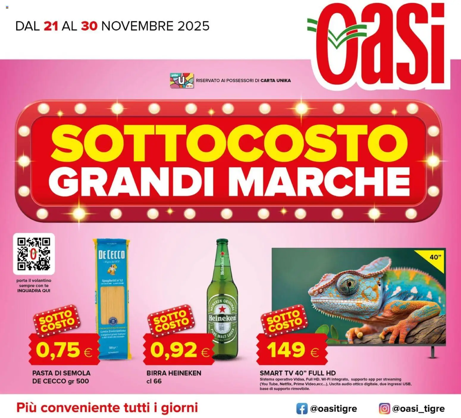 Volantino Oasi del 21.11.2025 | Pagina: 1 | Prodotti: Birra, smart TV, Pasta, TV