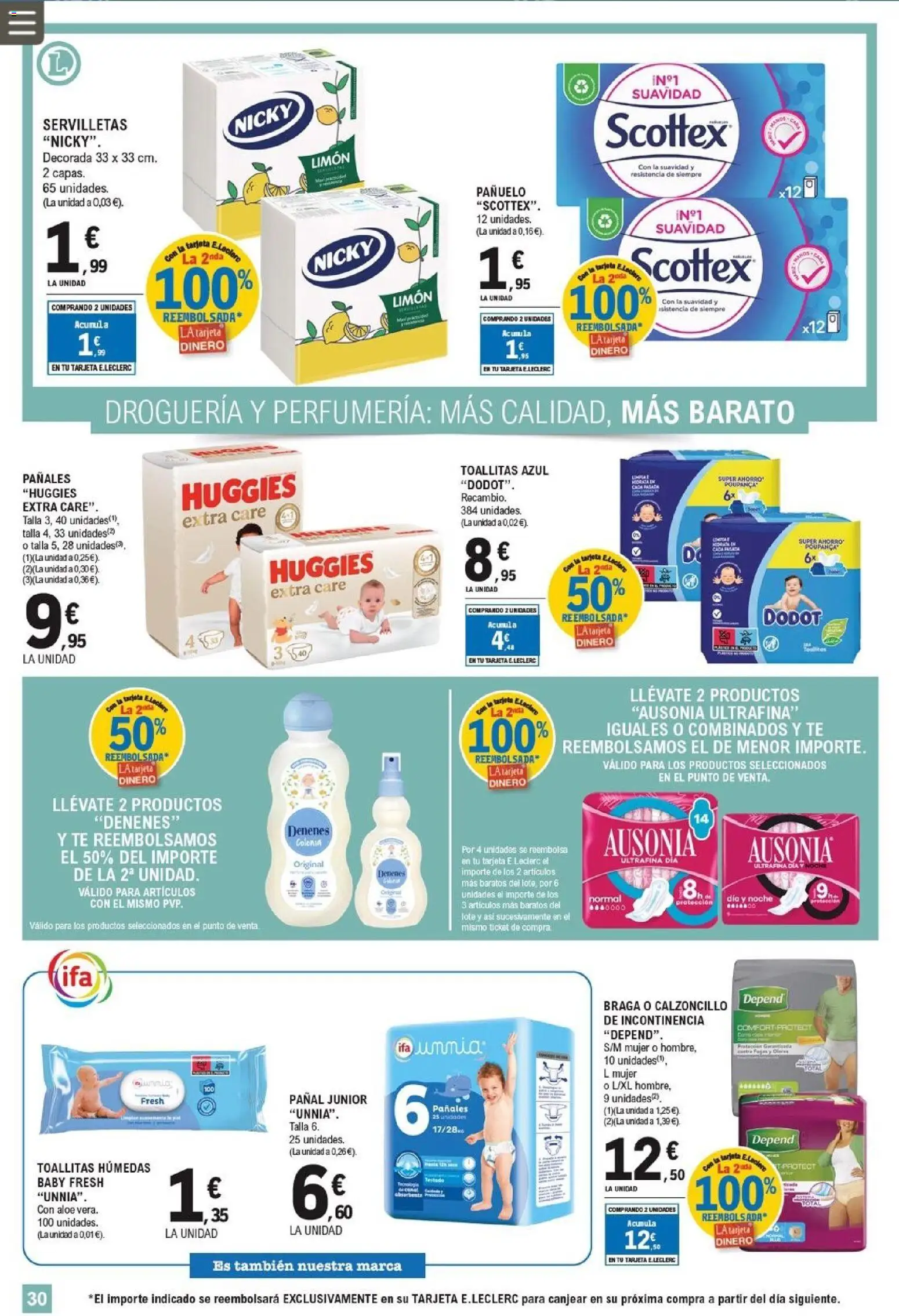 E.Leclerc folleto │ válido desde el 11.03.2026 | Página: 30 | Productos: Pañuelo, Colonia, Té, Braga