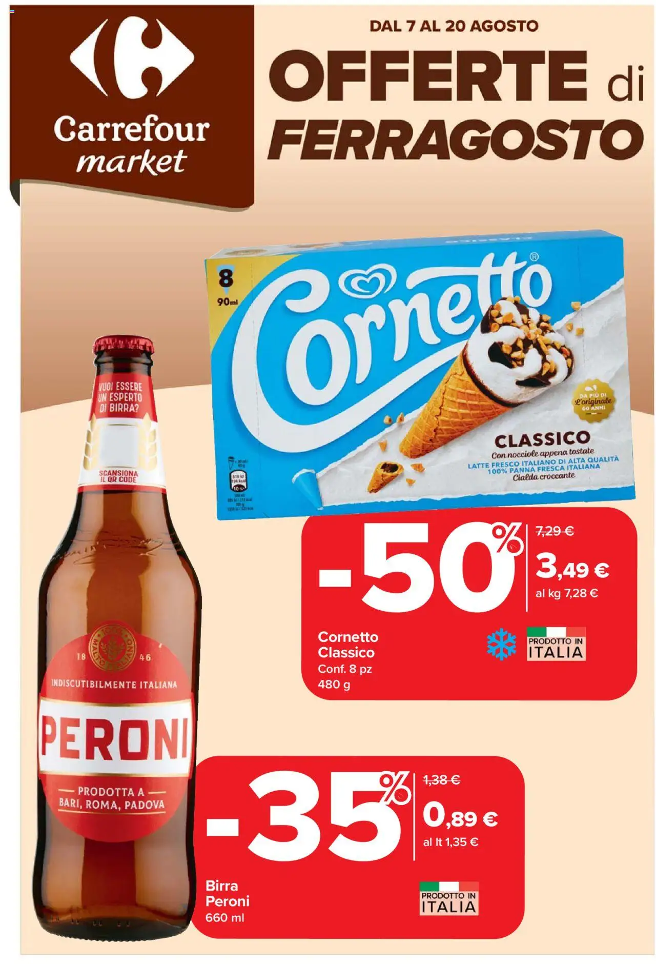Volantino Carrefour del 07.08.2025 | Pagina: 1 | Prodotti: Birra, Panna, Latte, Nocciole
