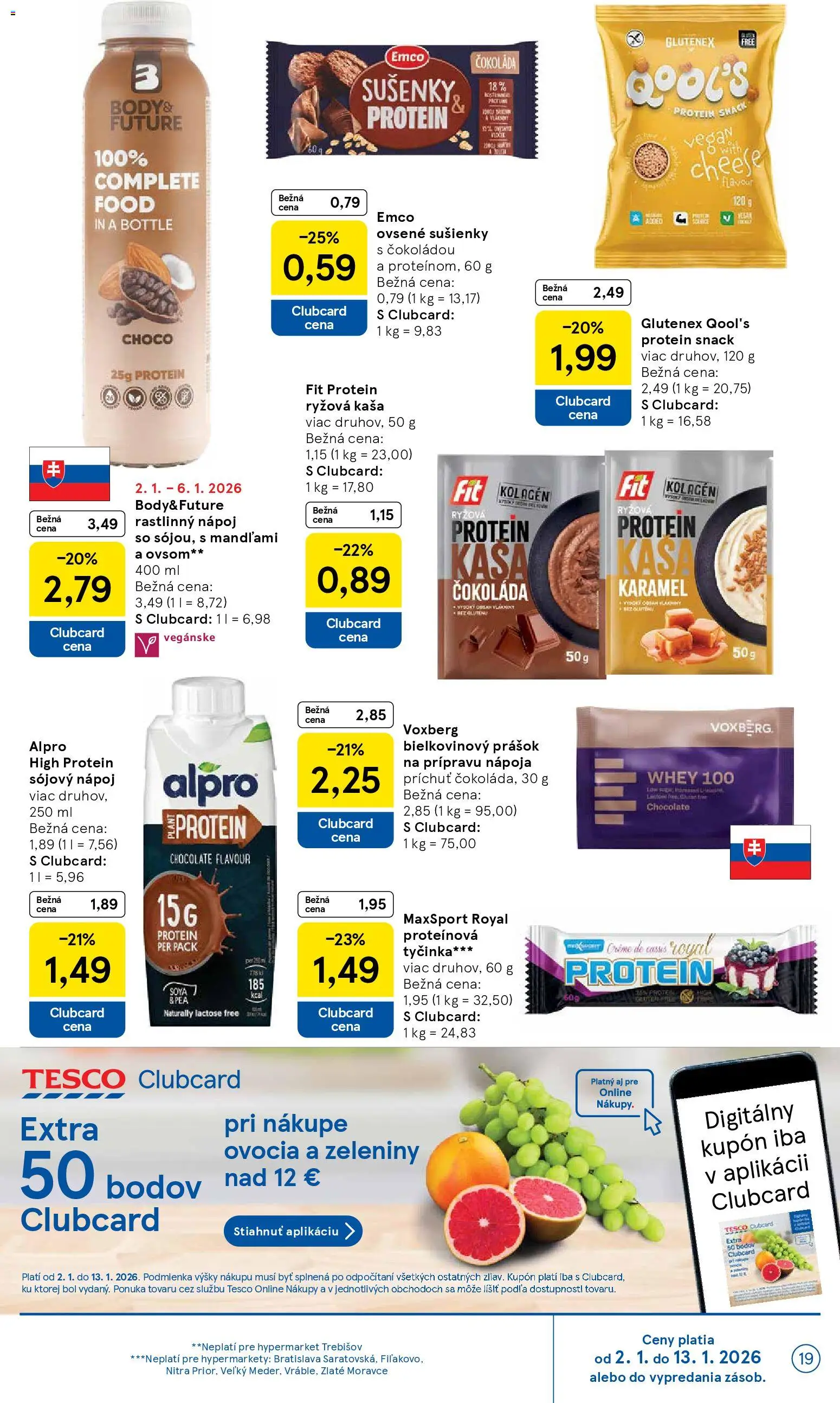 Nové Tesco akcie – leták je platný od 02.01.2026 | Strana: 19 | Produkty: Protein, Kolagén, Čokoláda, Alpro