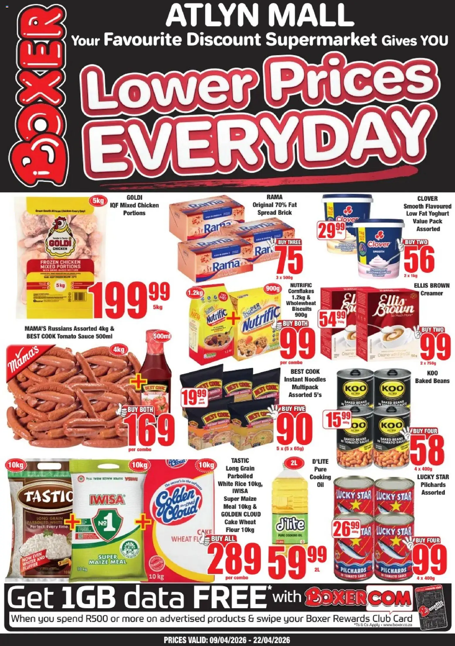 New Boxer catalogue – valid from 09.04.2026 | Page: 1 | Products: Pilchards, Maize meal, Rice, Tomato sauce