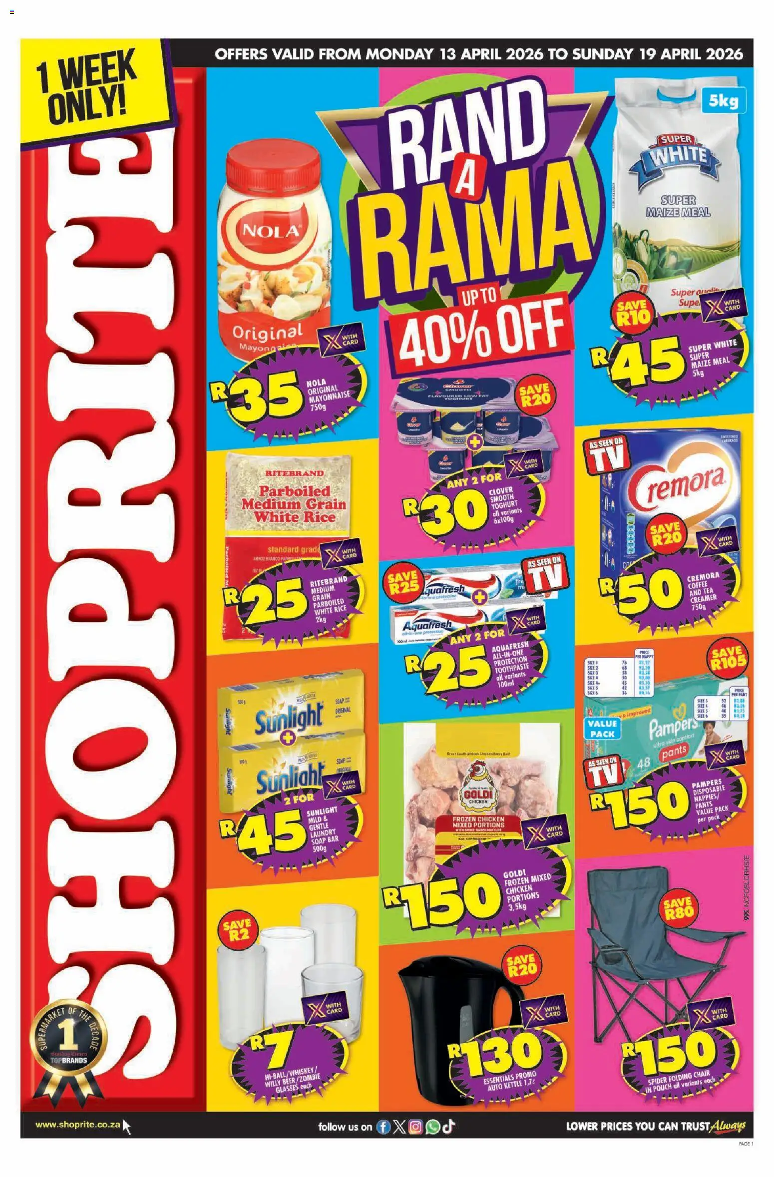 New Shoprite catalogue – valid from 13.04.2026 | Page: 1 | Products: Pants, Coffee, Toothpaste, Mayonnaise