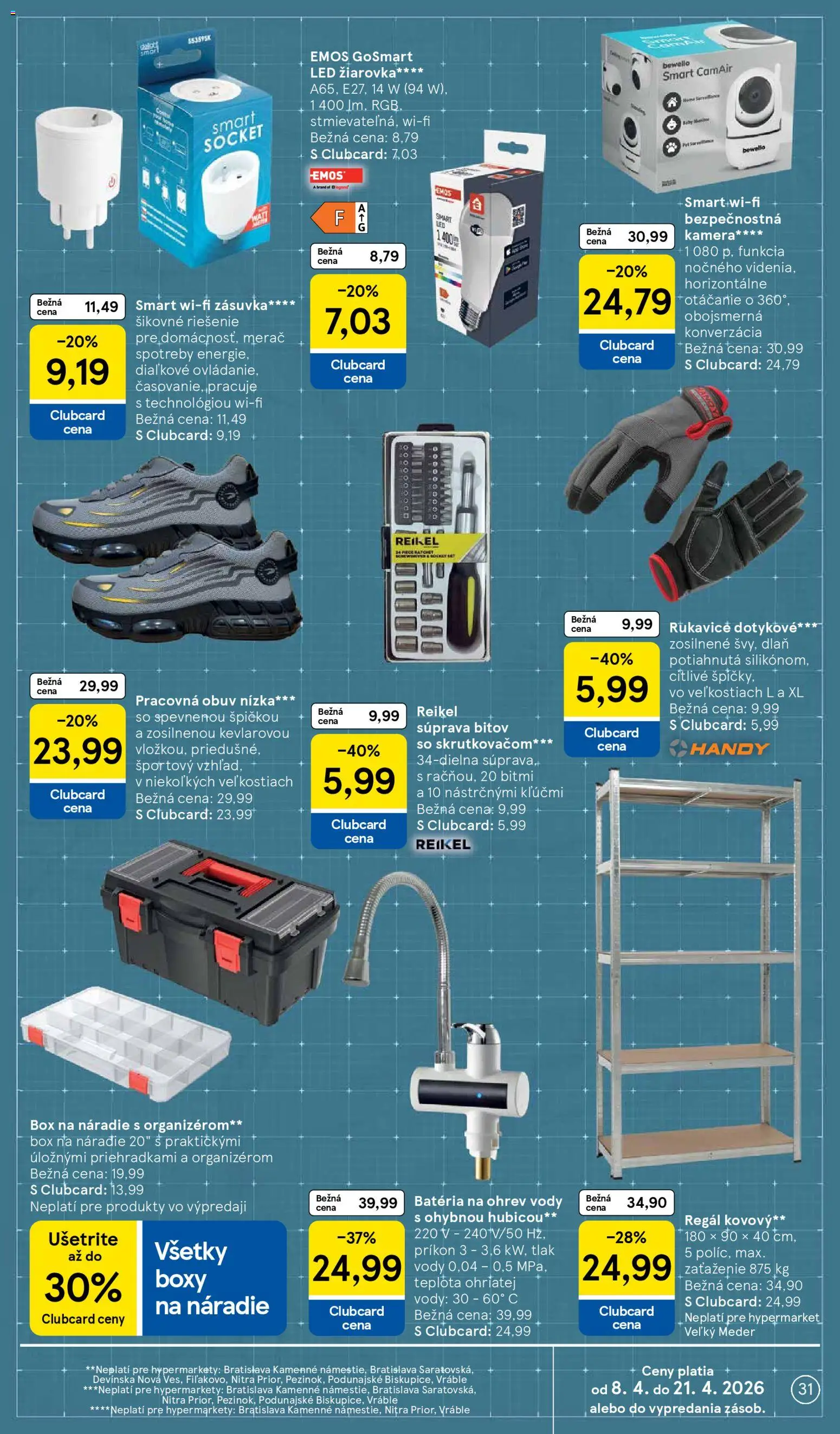 Nové Tesco akcie – leták je platný od 08.04.2026 | Strana: 31 | Produkty: Regál, Žiarovka, Náradie, Zásuvka