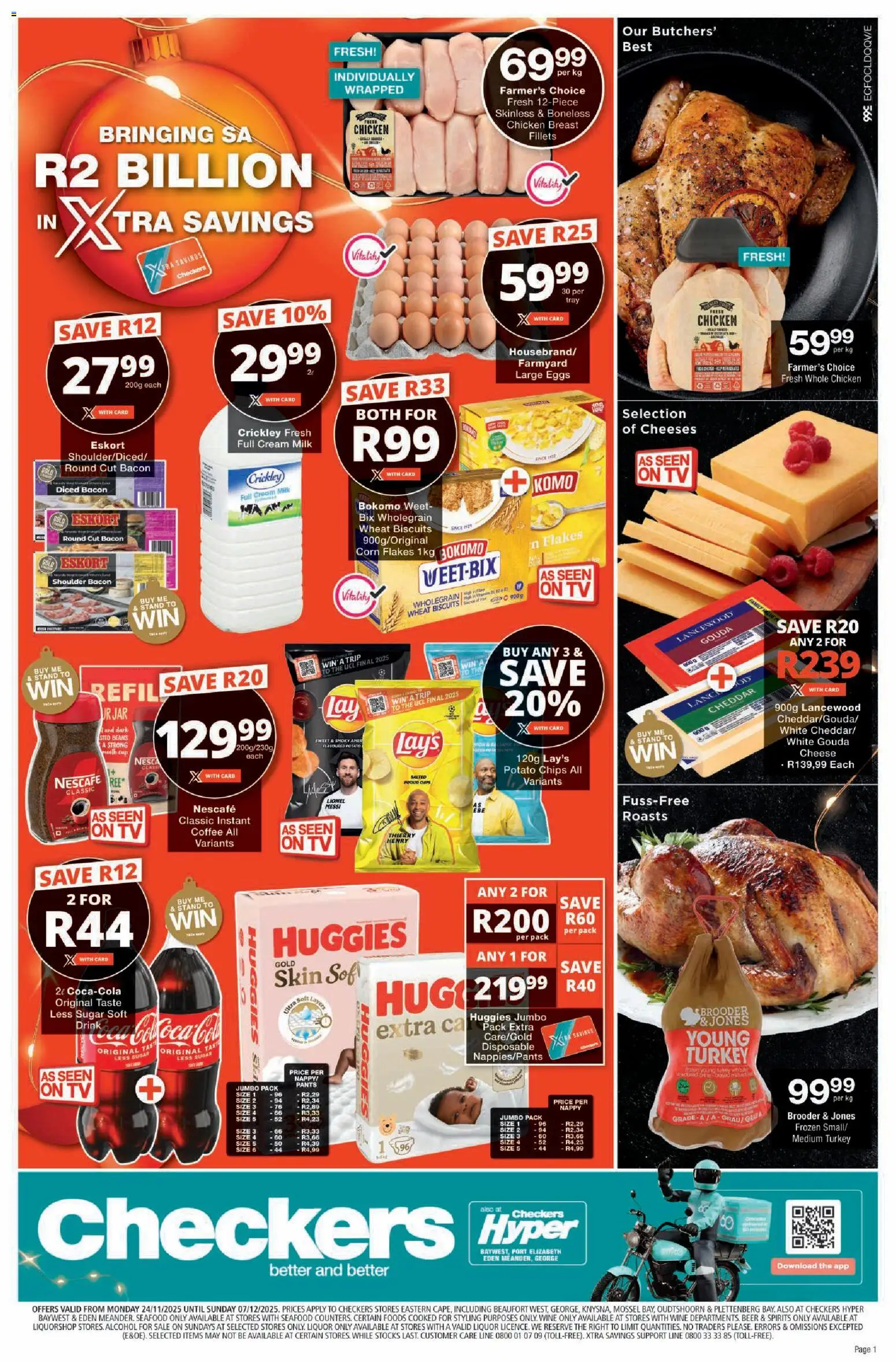 New Checkers catalogue – valid from 24.11.2025 | Page: 1 | Products: Beans, Cheese, Eggs, Chips