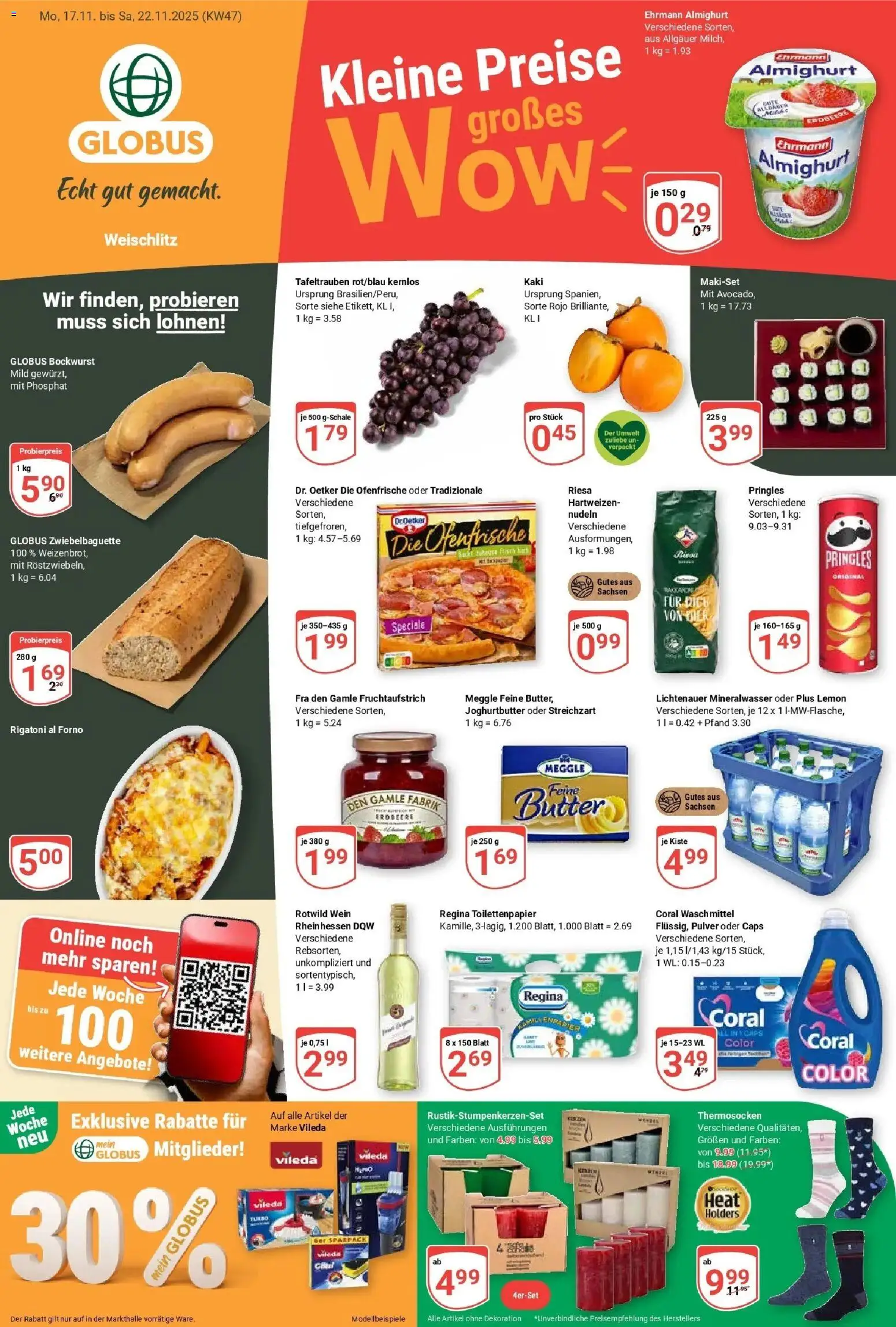 Globus prospekt Weischlitz	 – gültig ab 17.11.2025 | Seite: 1 | Produkte: Ofenfrische, Wein, Nudeln, Toilettenpapier